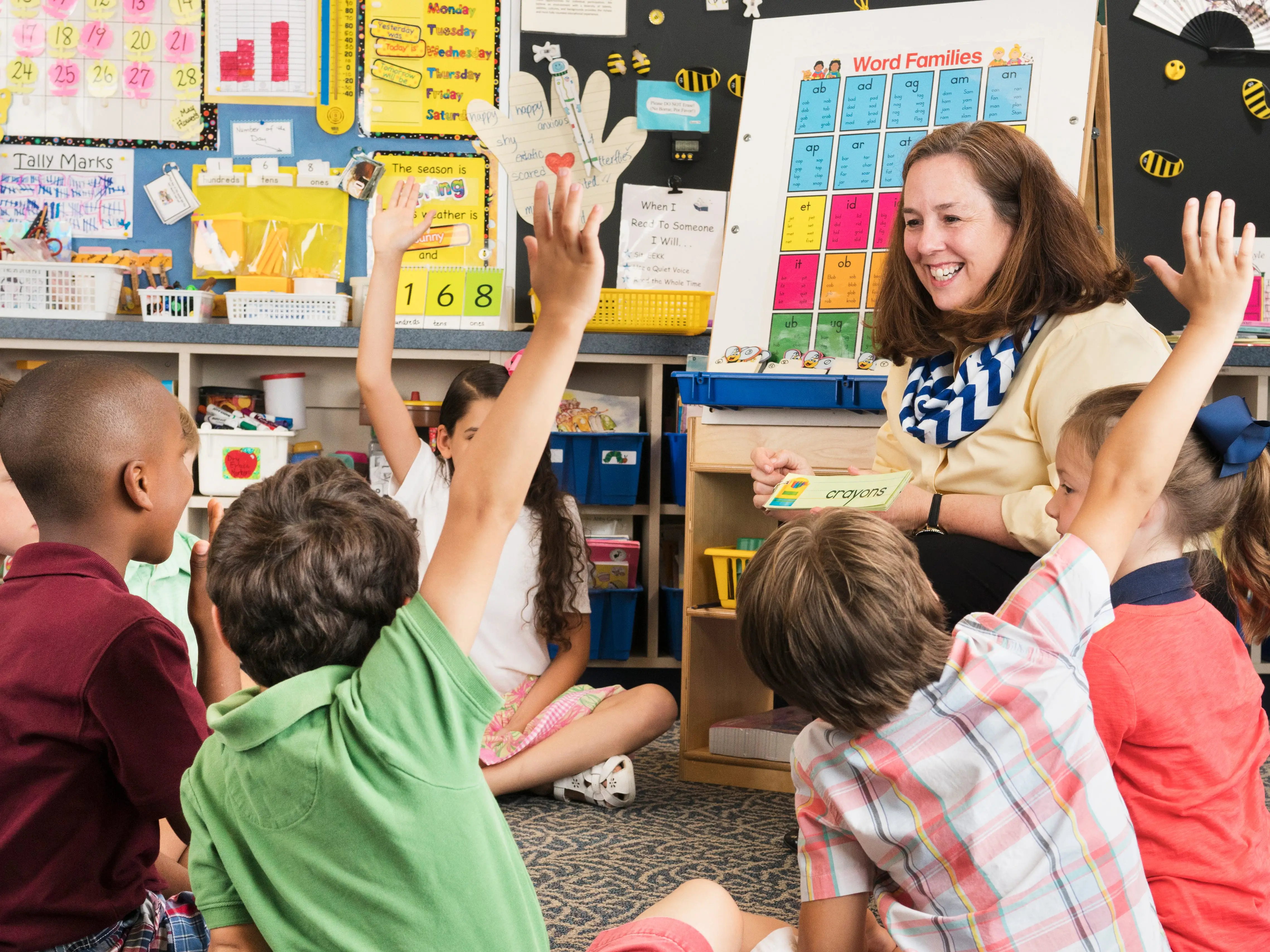 A teacher and students in a classroom, where some children are raising their hands
