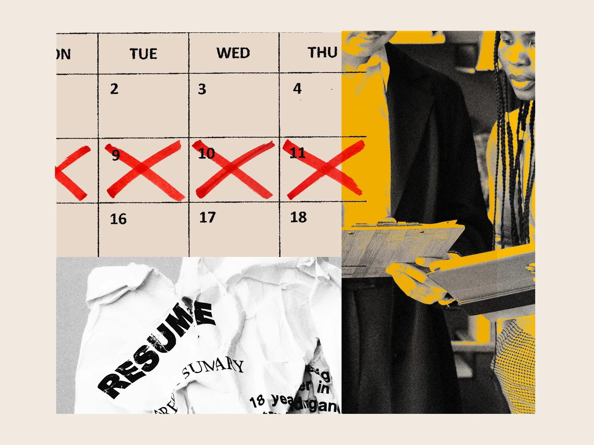 Photo collage featuring Resumes and workplace imagery