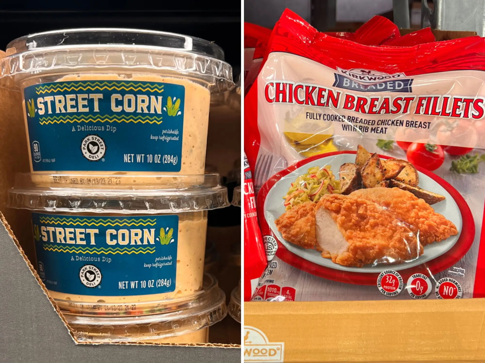 Street-corn dip at Aldi; Kirkwood breaded chicken fillets