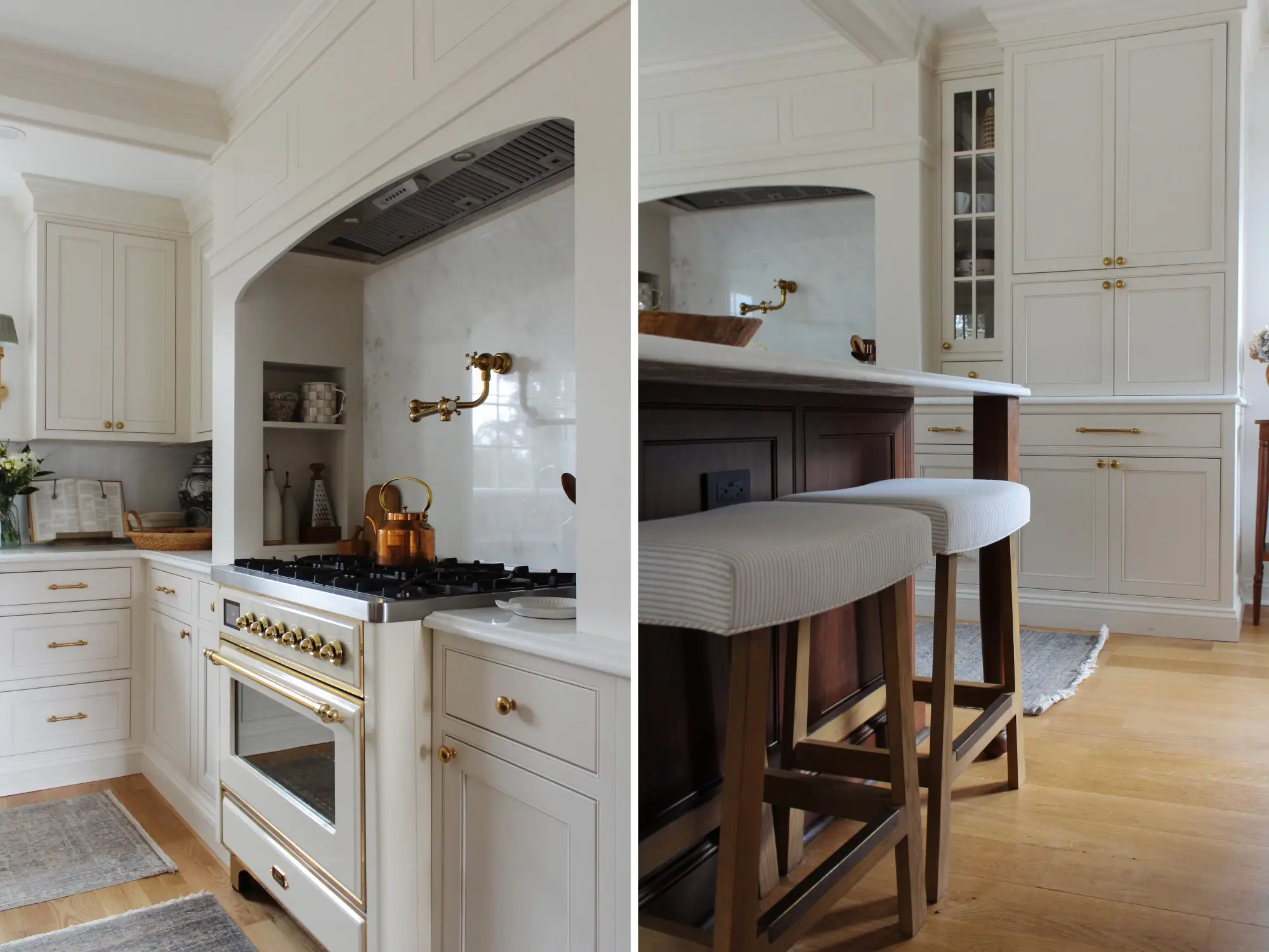 A side-by-side of an oven with an arched vent and cabinetry next to it.