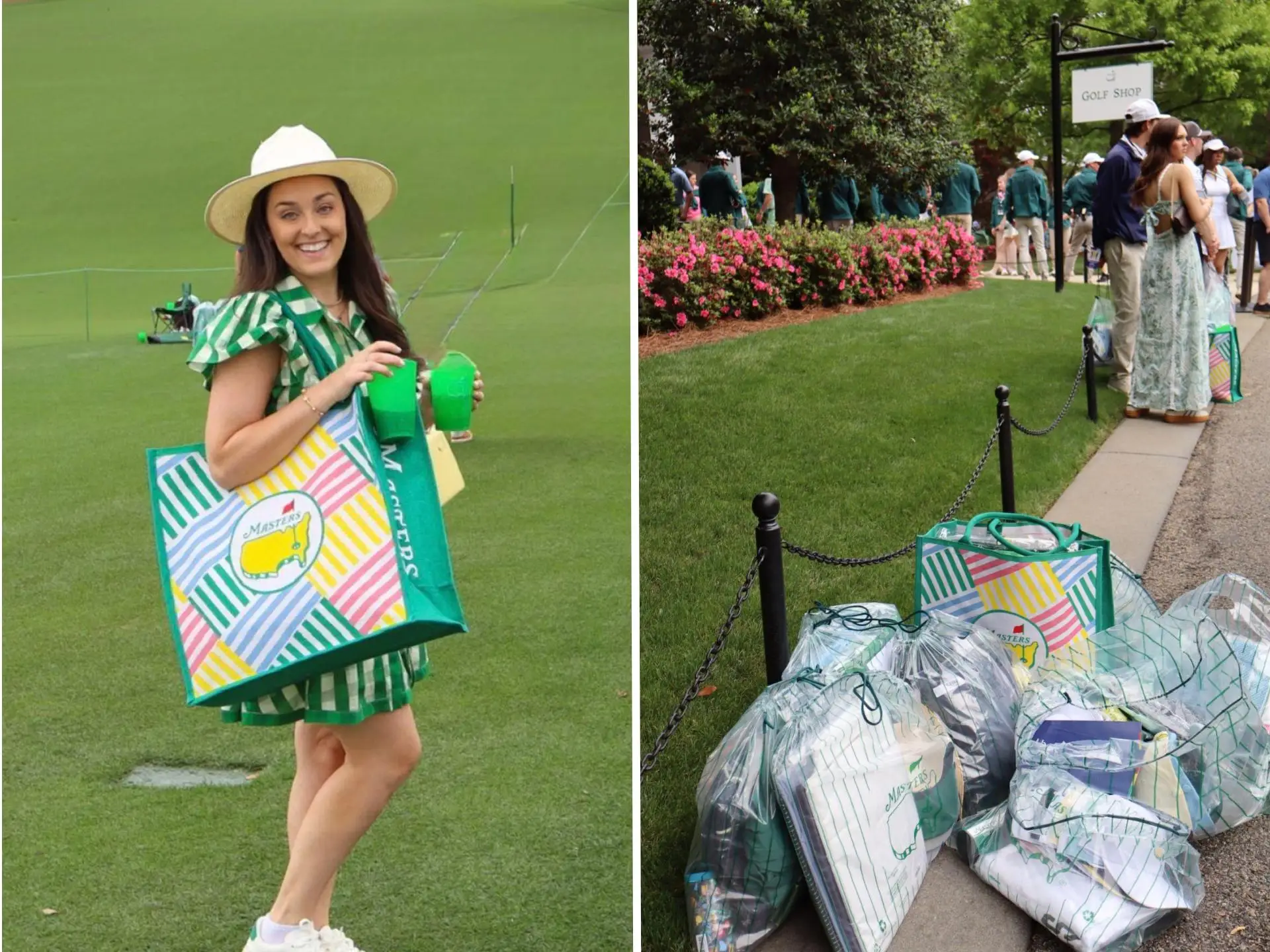 Sam Edelman at the Masters Tournament (left) and her merchandise haul (right).
