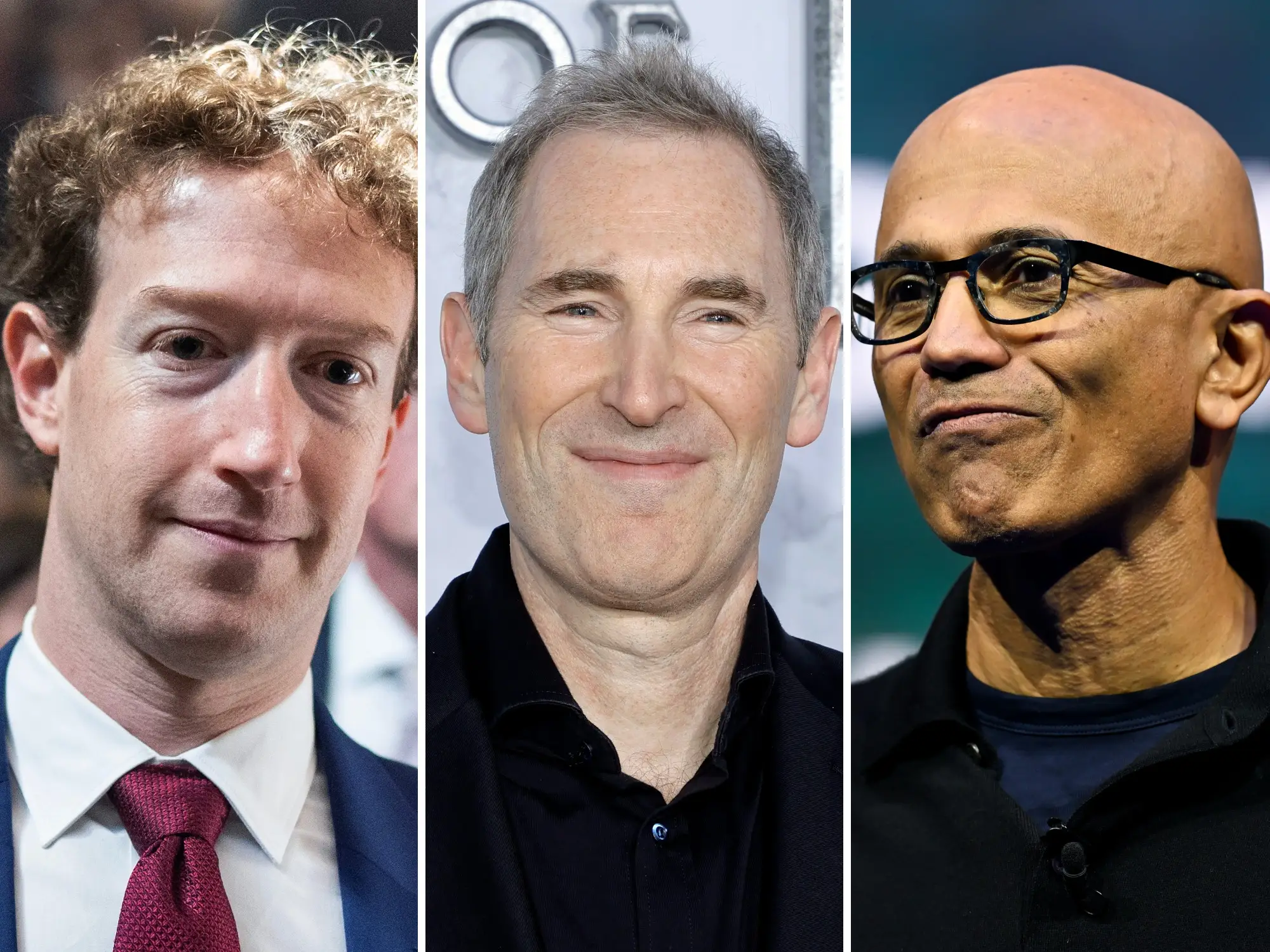 Mark Zuckerberg (left), Andy Jassy (center), and Satya Nadella (right)