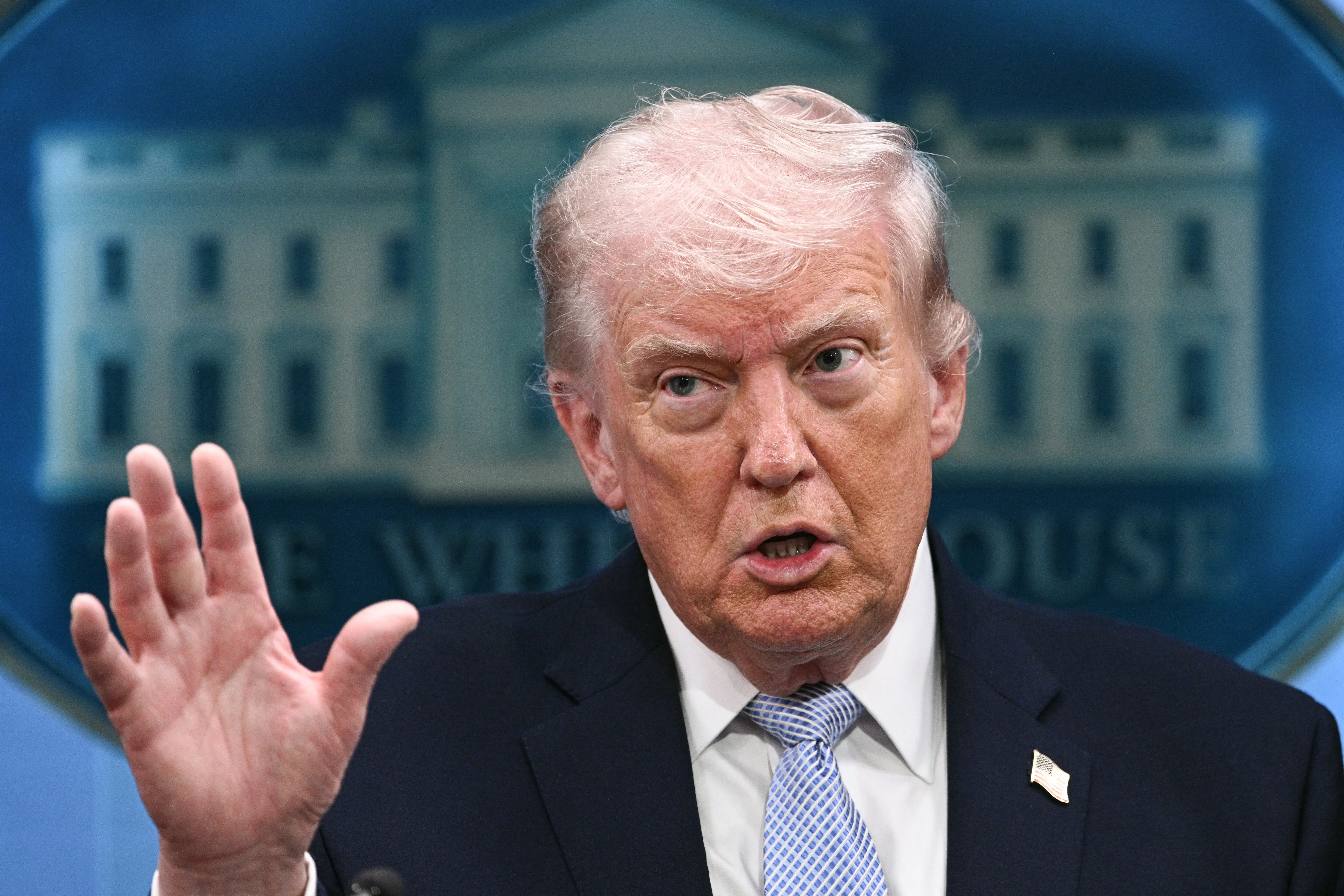 S President Donald Trump speaks about the conflict in Iran in the James S. Brady Press Briefing Room of the White House on April 6, 2026, in Washington, DC.