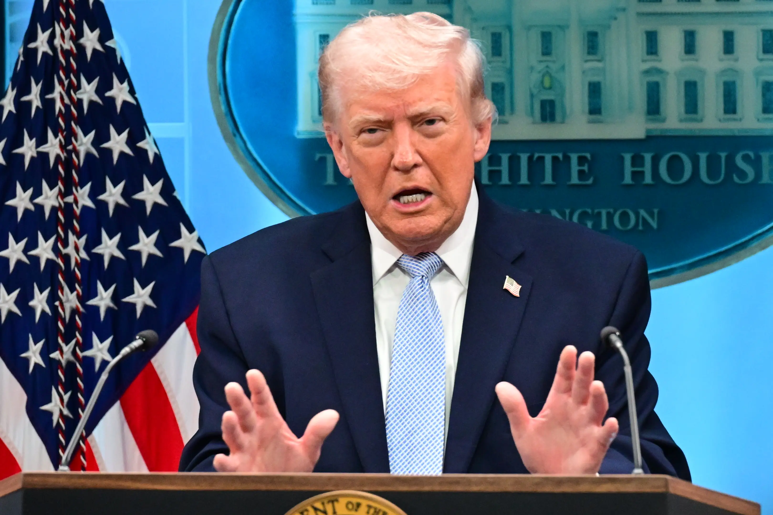 U.S. President Donald Trump speaks during a news conference in the James S. Brady Press Briefing Room of the White House in Washington, United States, on April 6, 2026.