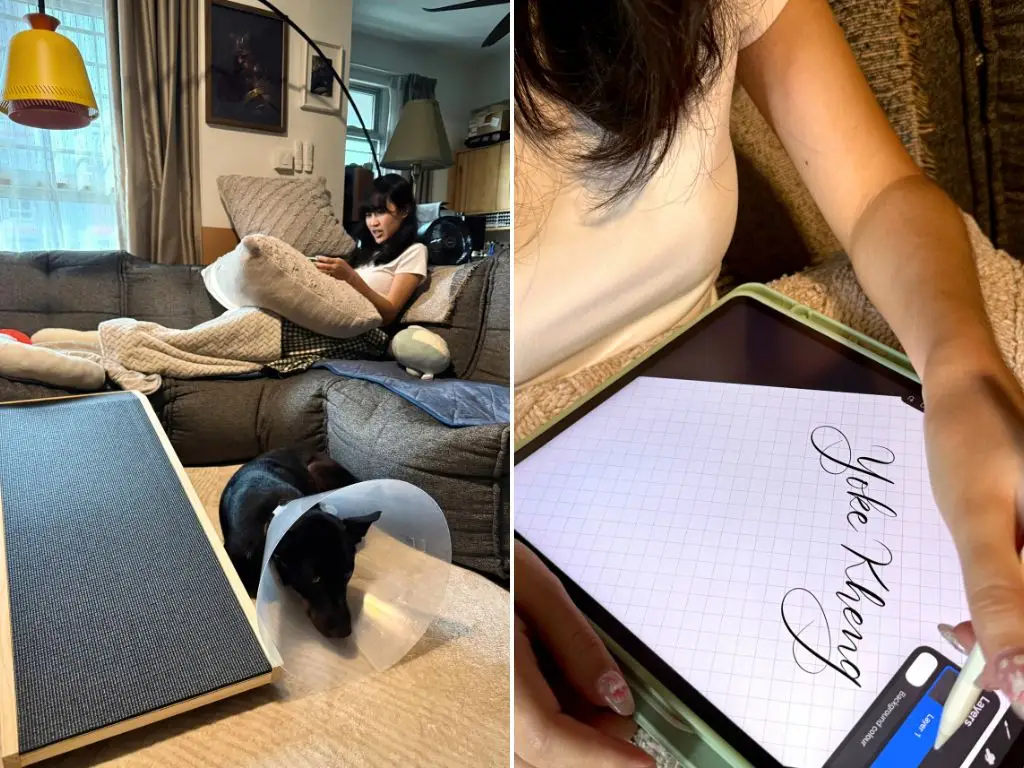 Soo working on her calligraphy commissions.