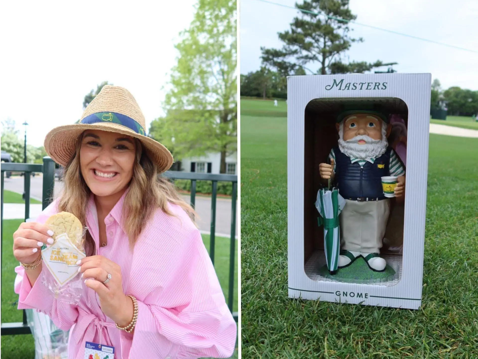 Taylor Crocker Williams at the Masters Tournament (left) and the gnome she bought (right).
