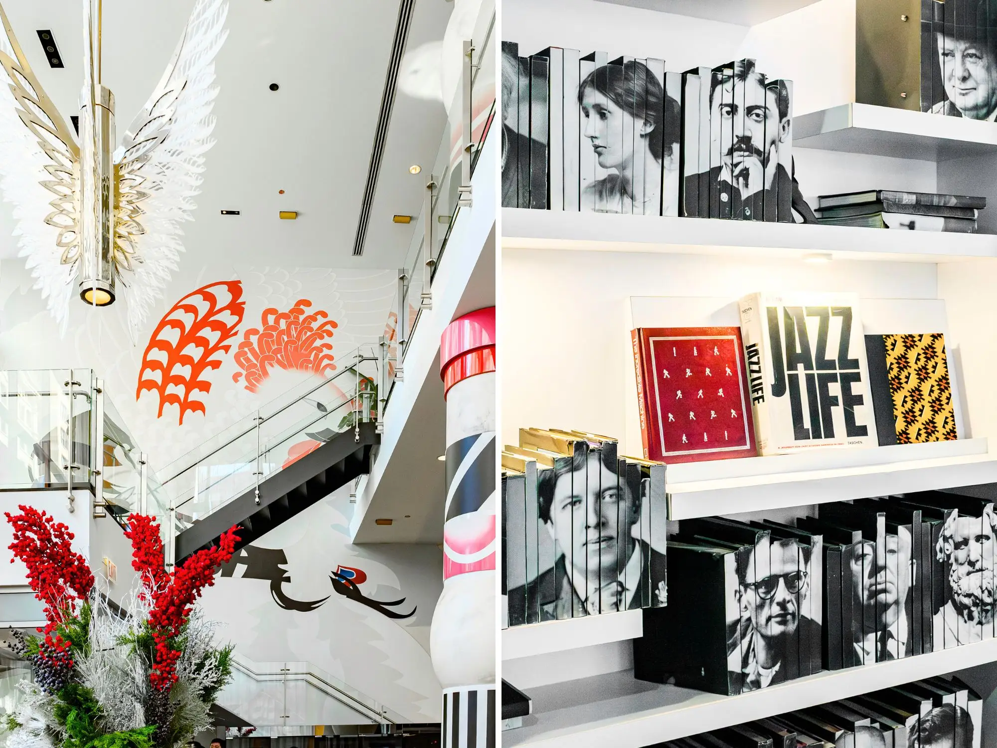 A composite image of a staircase in a decorative hotel lobby and a close up of a bookshelf