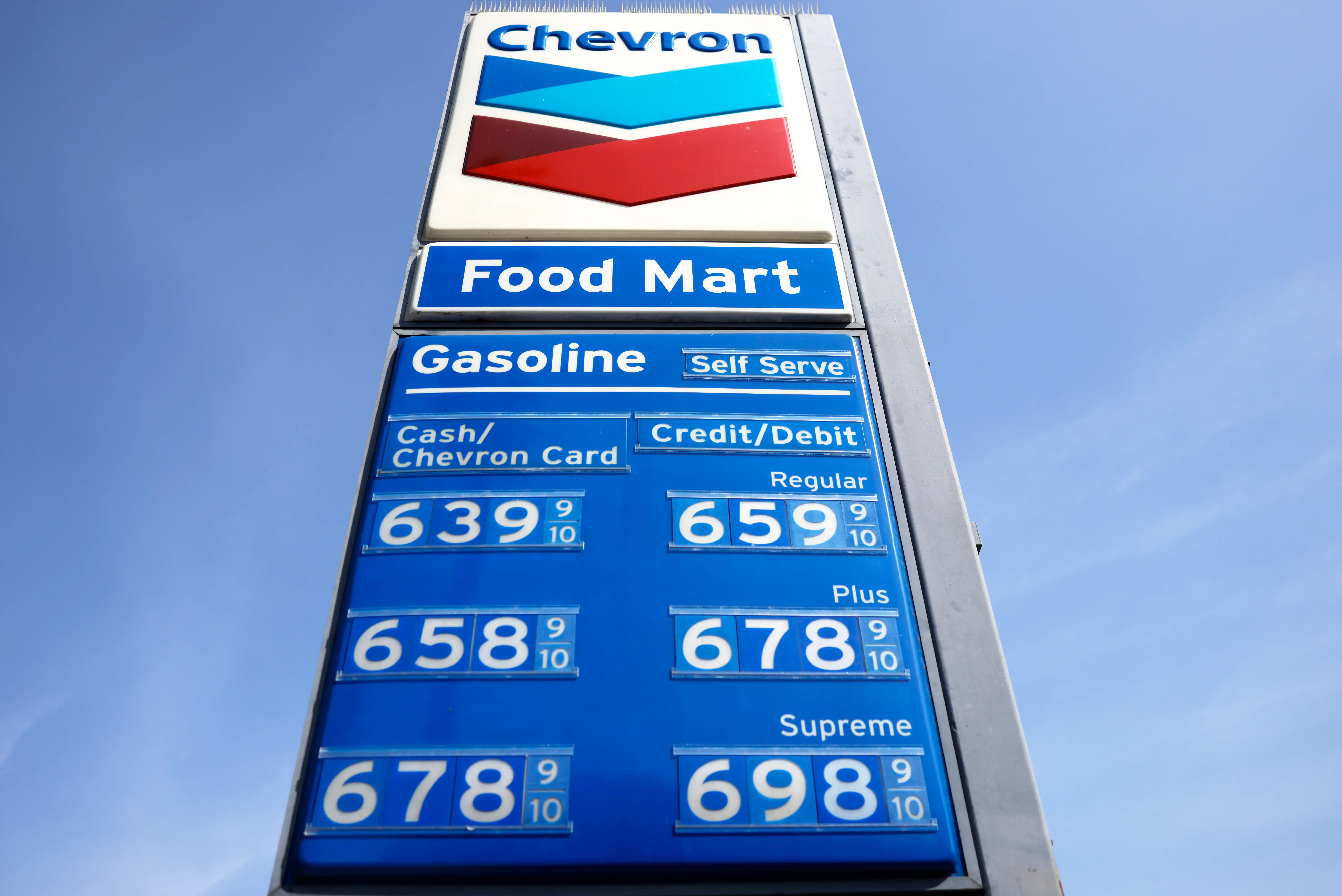 A Chevron gas station sign. Prices for a gallon of gas range between $6.39 and $6.98.