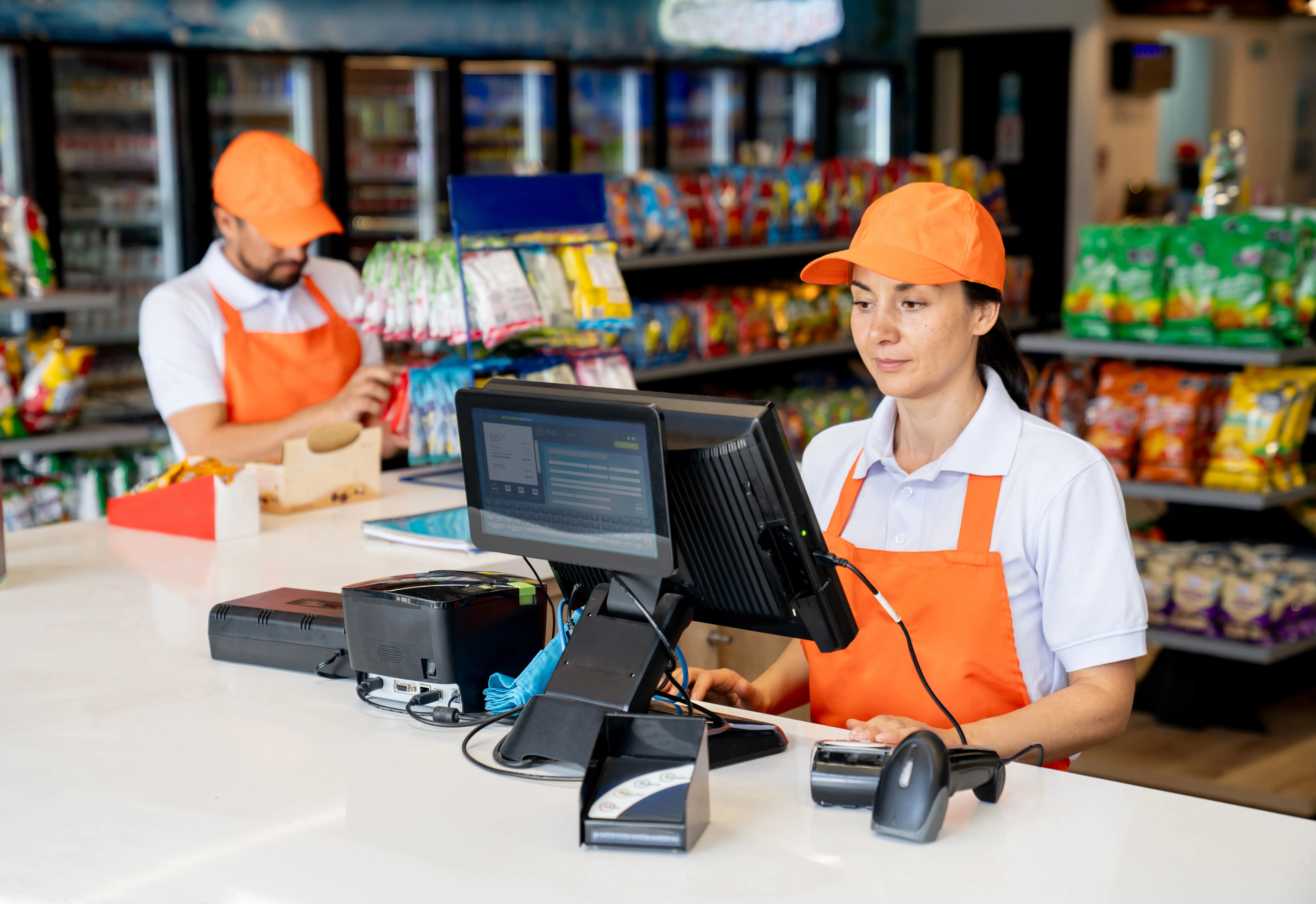 A woman, wearing an orange hat and apron, stands behind a checkout counter at a gas station convenience store.