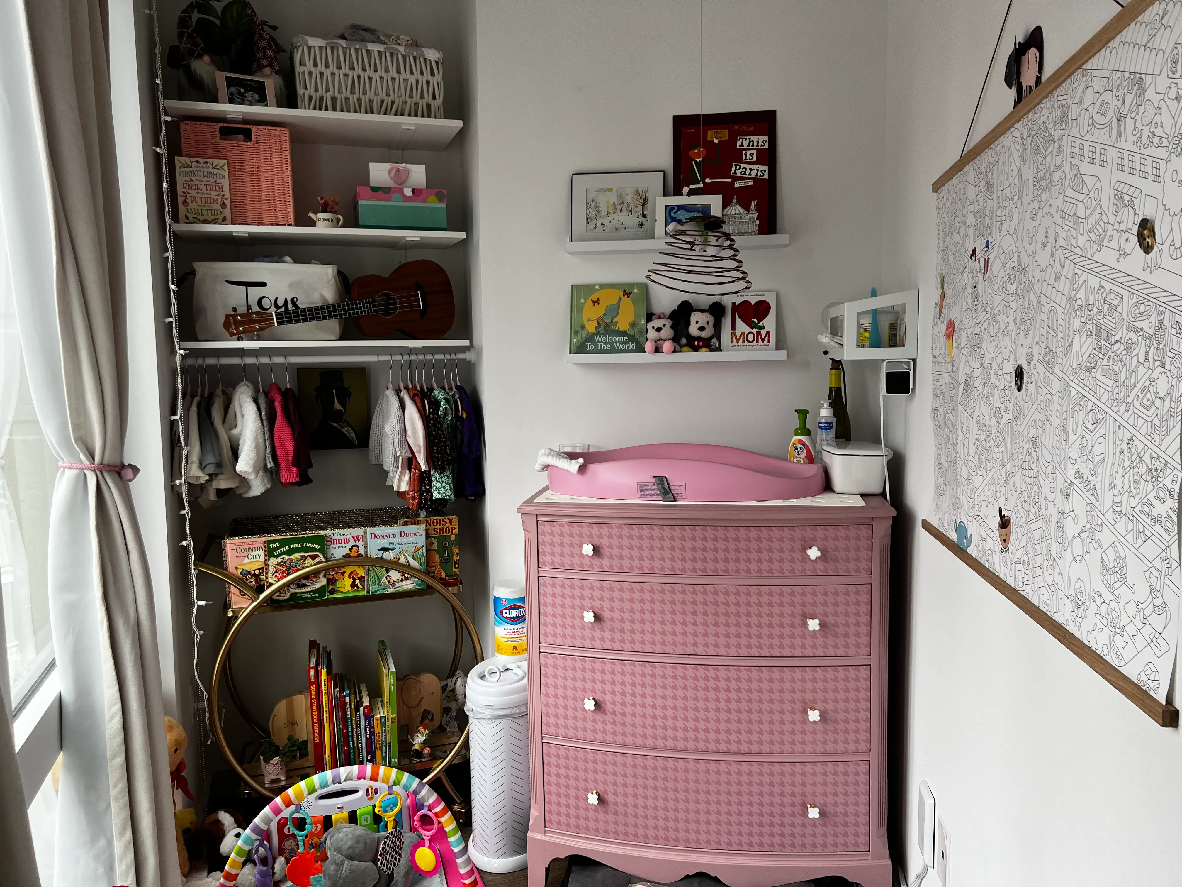 dresser next to built-in shelving area