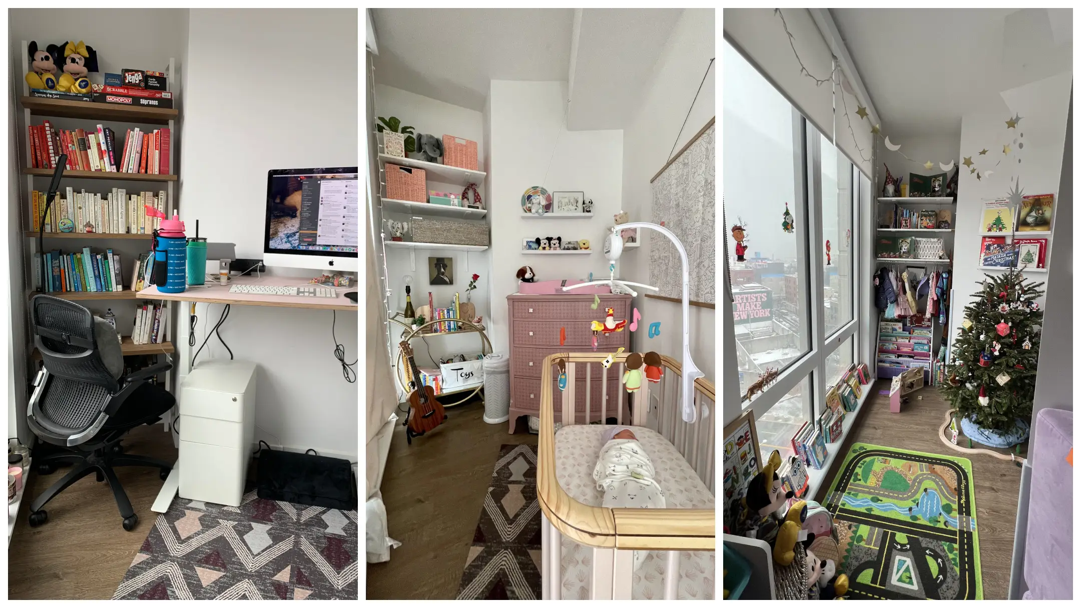 Side by side of desk area, nursery area, play ar