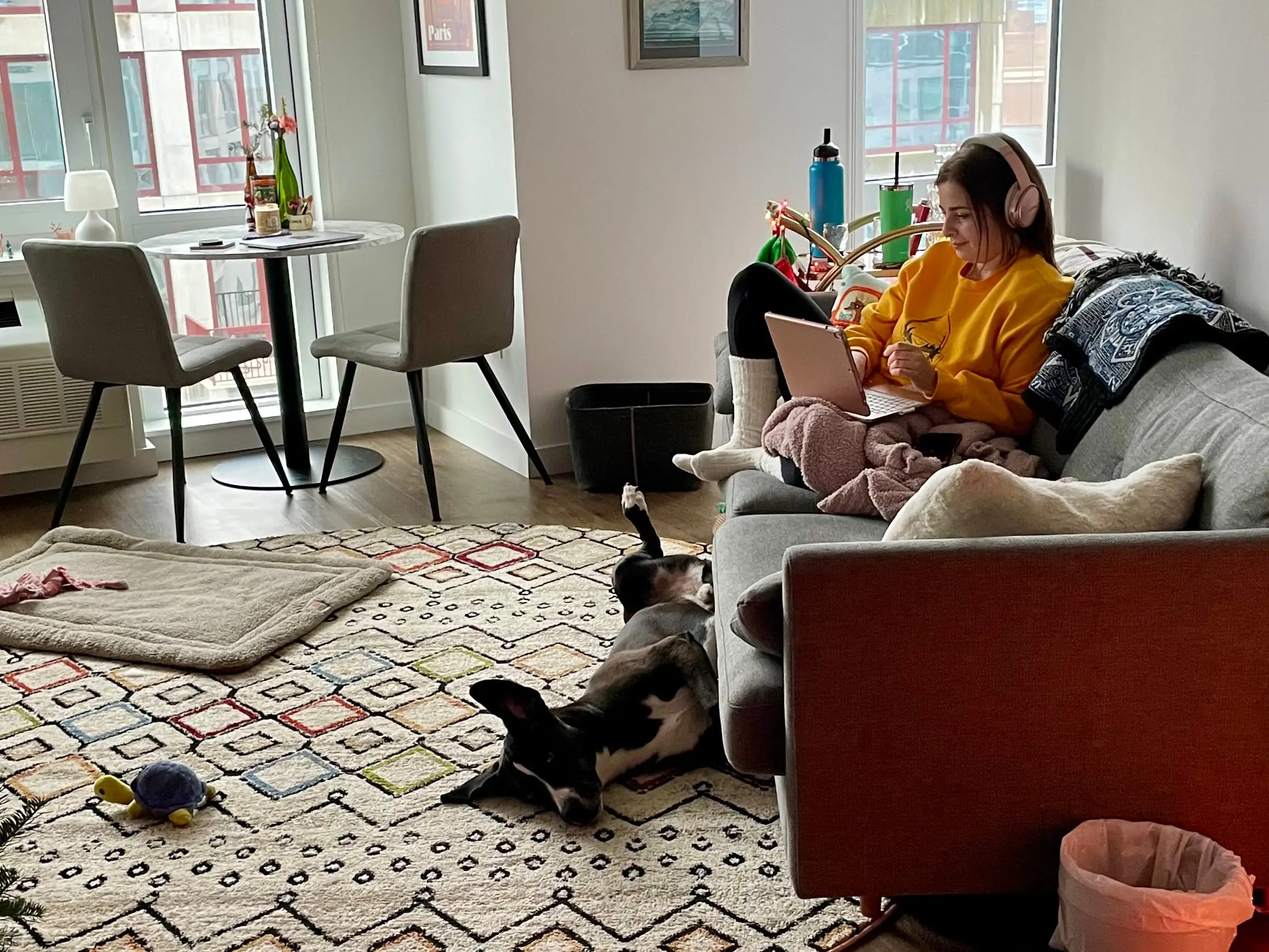 Woman on laptop sitting on couch with dog at her feet