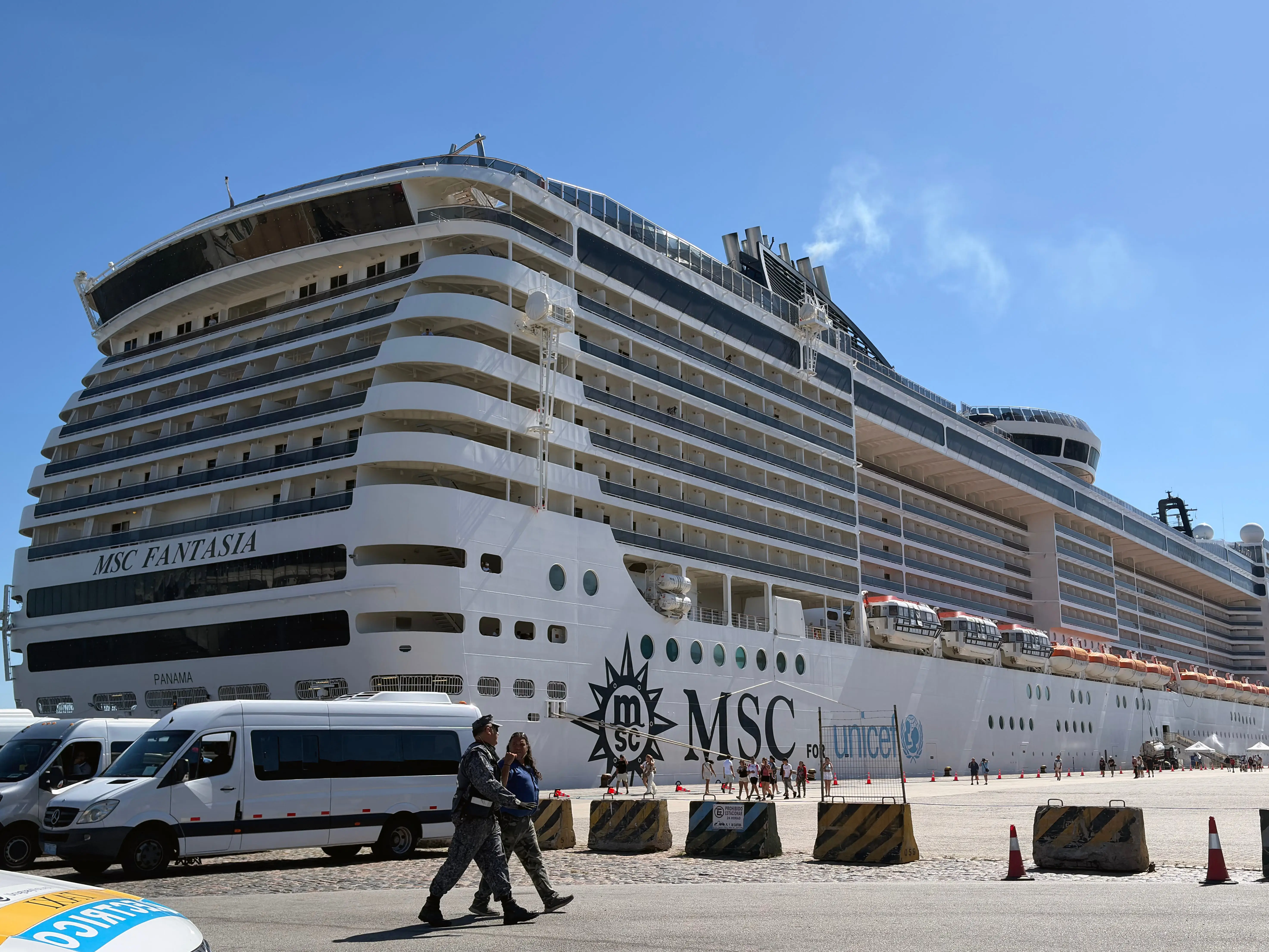 The Panamanian-flagged cruise ship MSC Fantasia remains moored in the port of Montevideo on February 7, 2026.