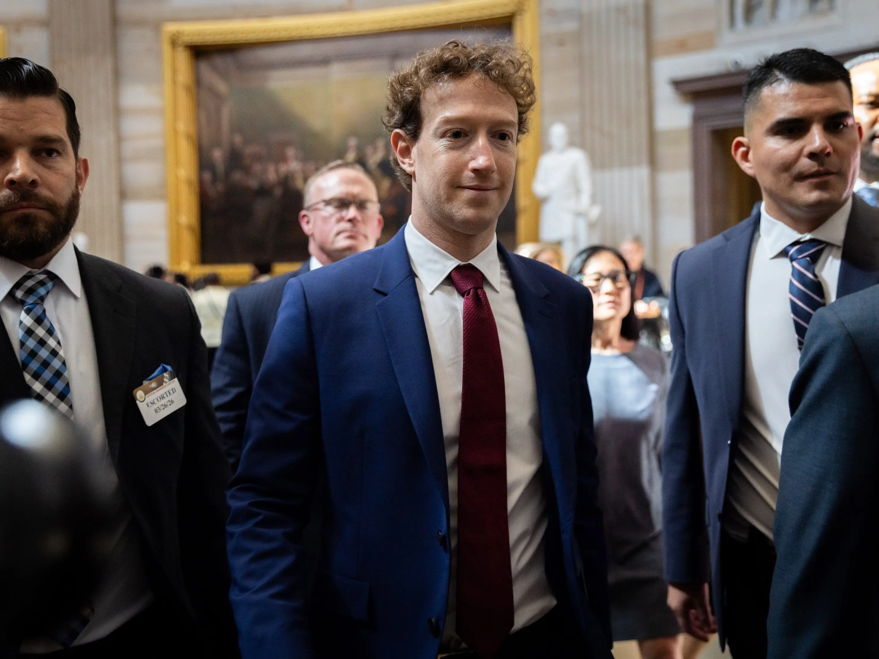Meta CEO Mark Zuckerberg walks through the U.S. Capitol following a meeting with Senate Majority Leader John Thune (R-SD) in Washington, DC on March 26, 2026.