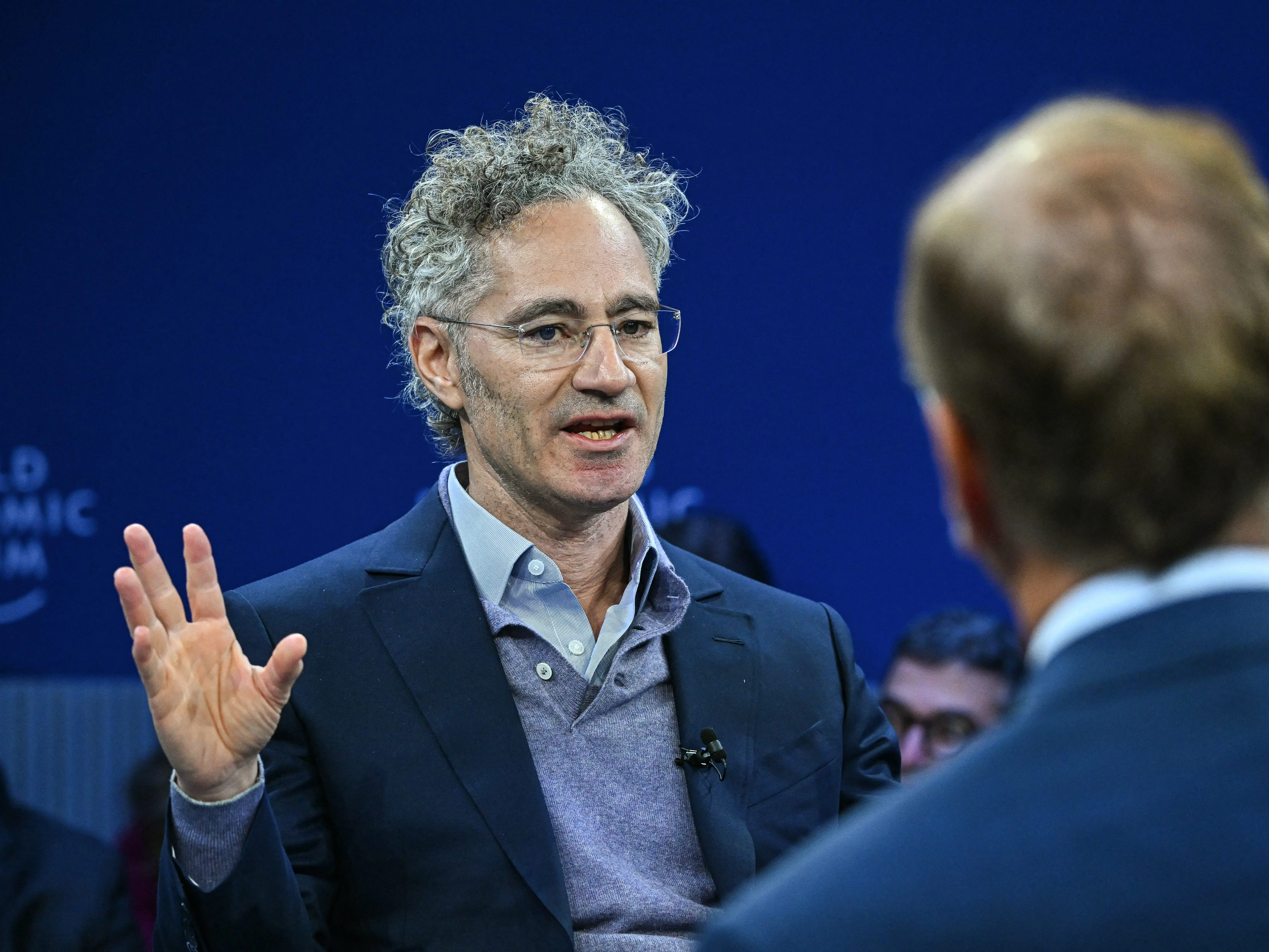 CEO of Palantir Technologies Alex Karp speaks during the World Economic Forum (WEF) annual meeting in Davos on January 20, 2026.