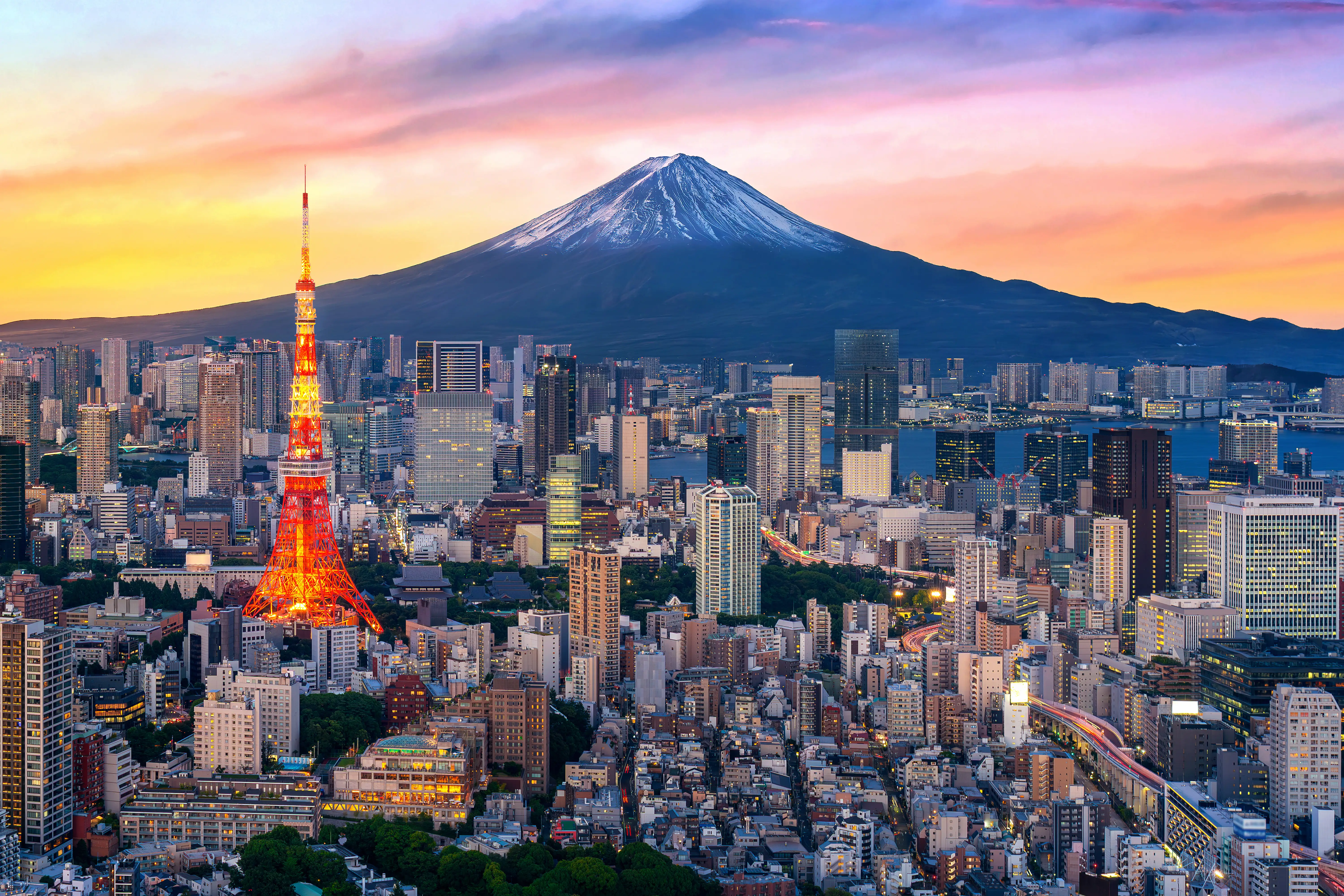 Aerial view of Tokyo cityscape with Fuji Mountain in Japan.