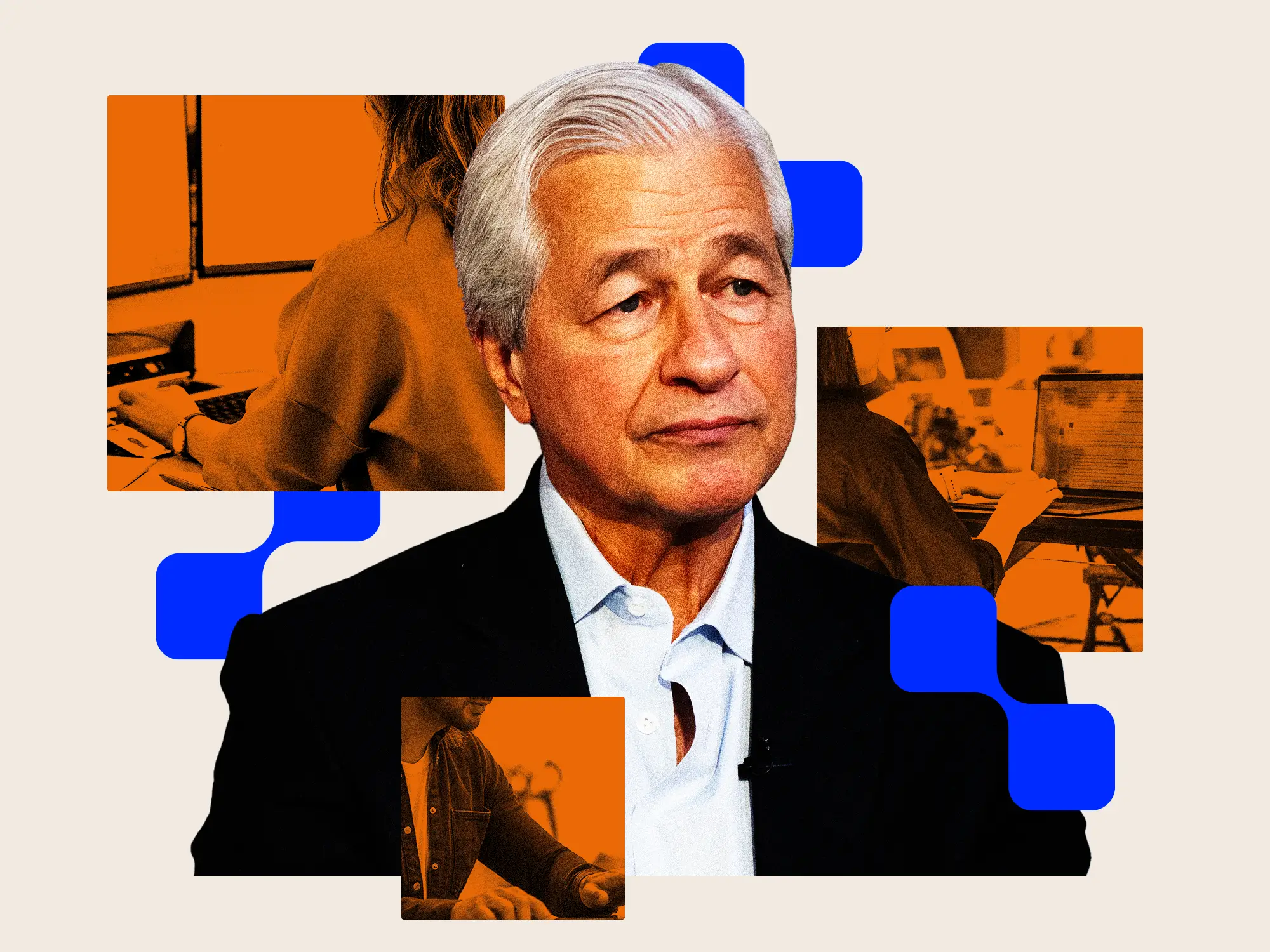 Photo collage featuring Jamie Dimon