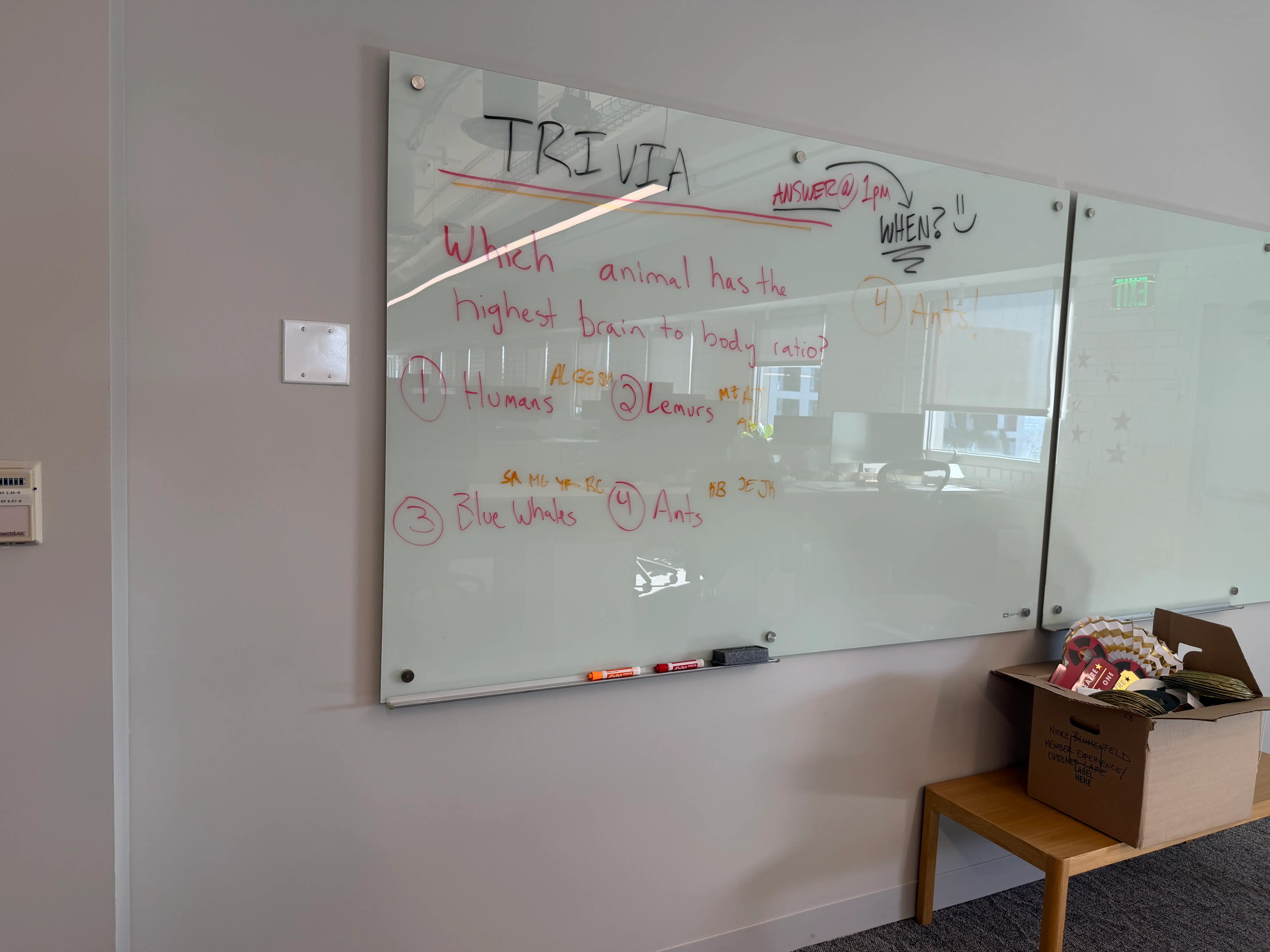 A trivia question is pictured on the whiteboard at Tinder headquarters.