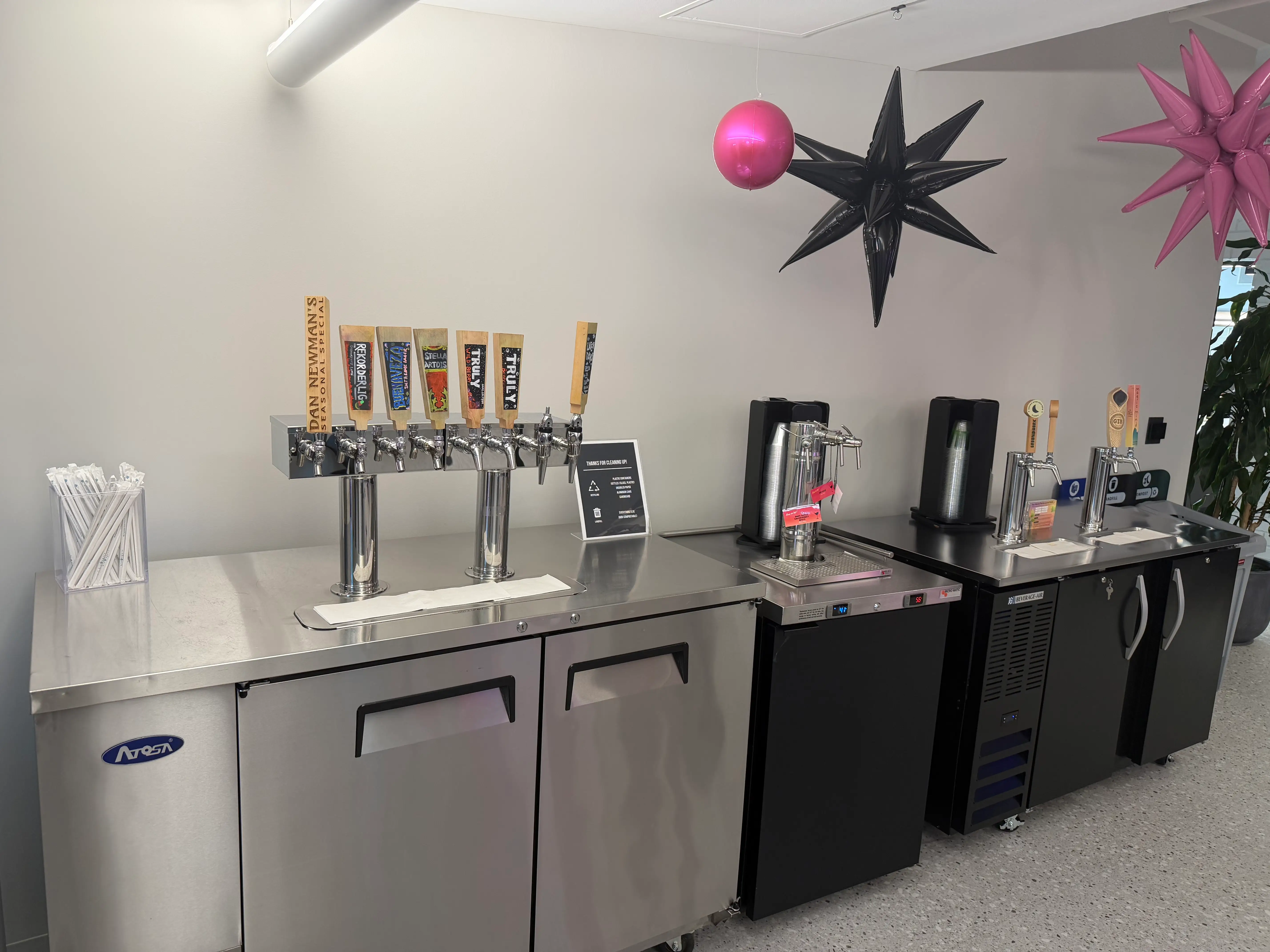 Beer and wine taps are pictured at the Tinder office.