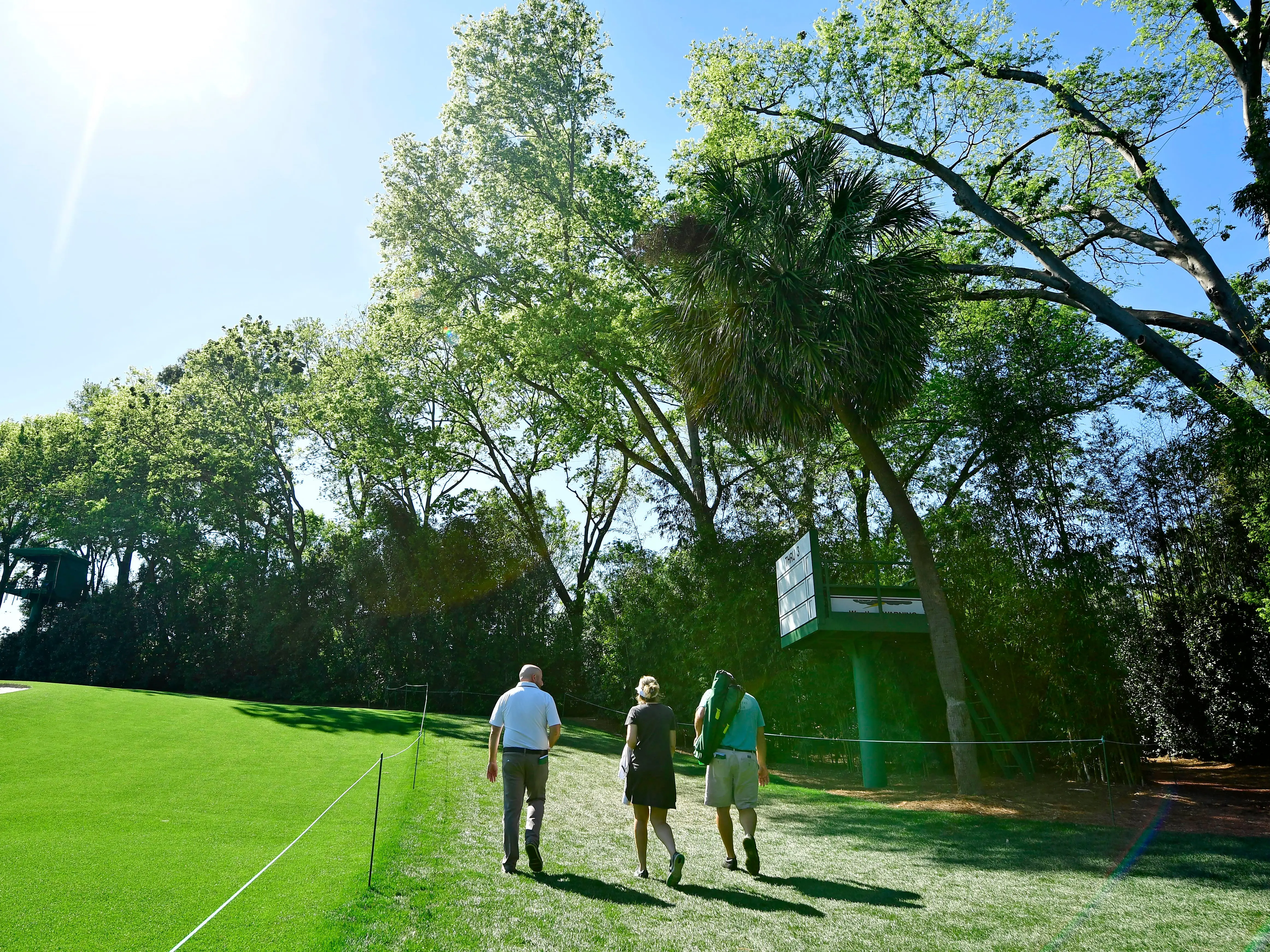 Three people walk under the palm tree at Augusta National.