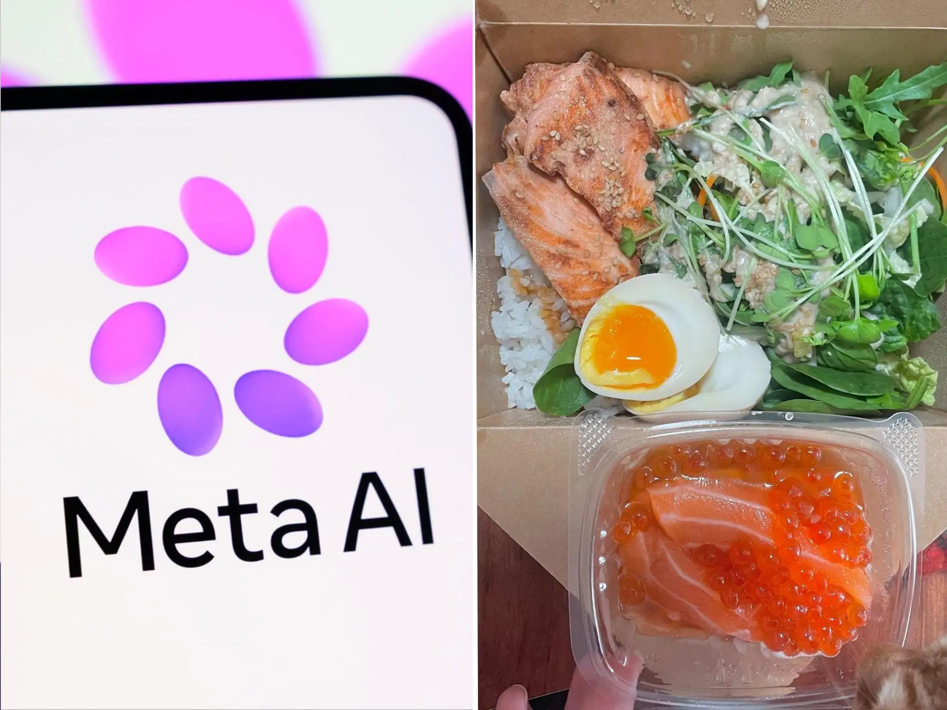 A photo split of Meta AI and a bento box lunch.