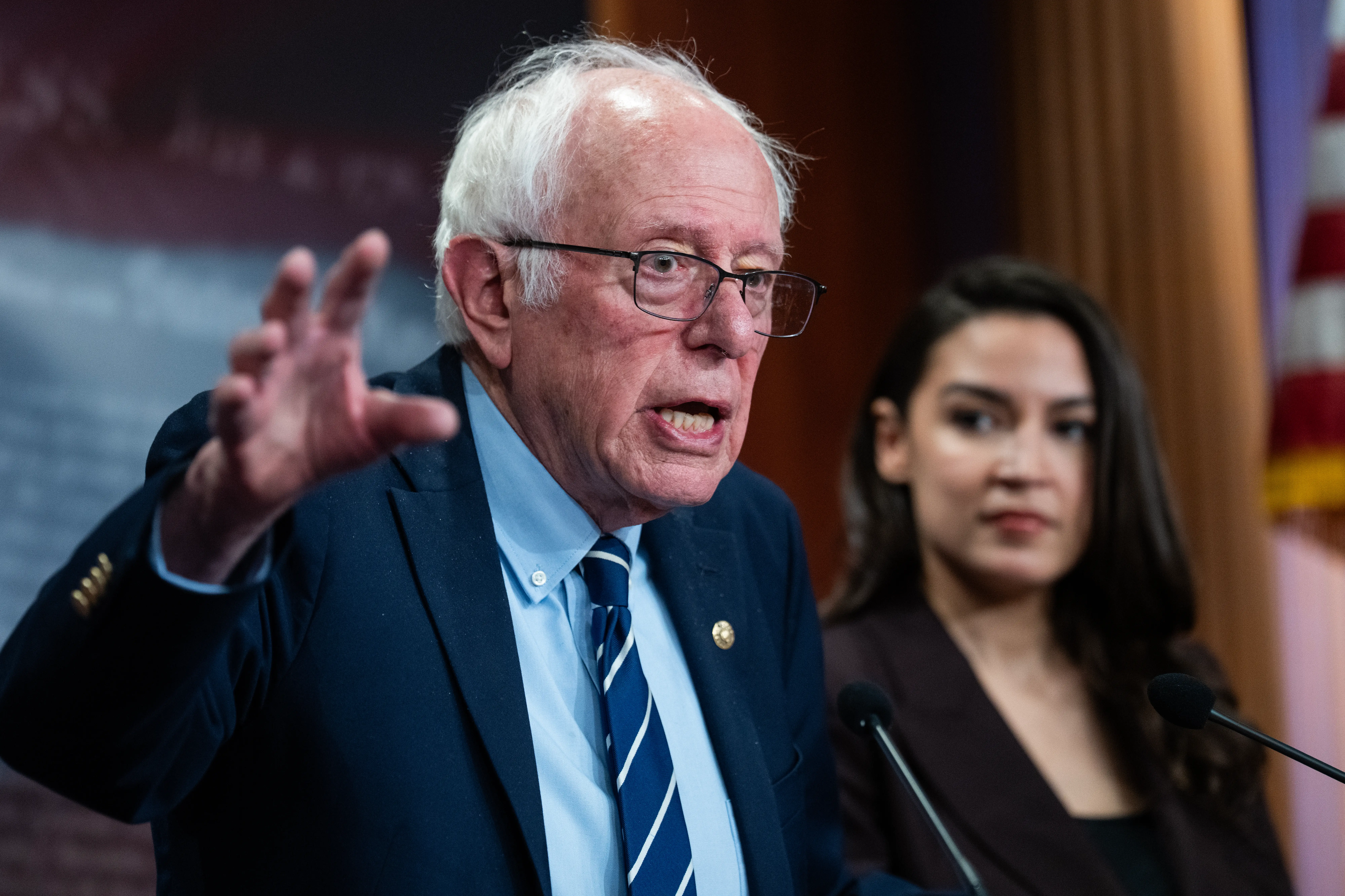 Sen. Bernie Sanders, I-Vt., and Rep. Alexandria Ocasio-Cortez, D-N.Y., conduct a news conference to announce the Artificial Intelligence Data Center Moratorium Act in the U.S. Capitol on Wednesday, March 25, 2026. The legislation aims to 