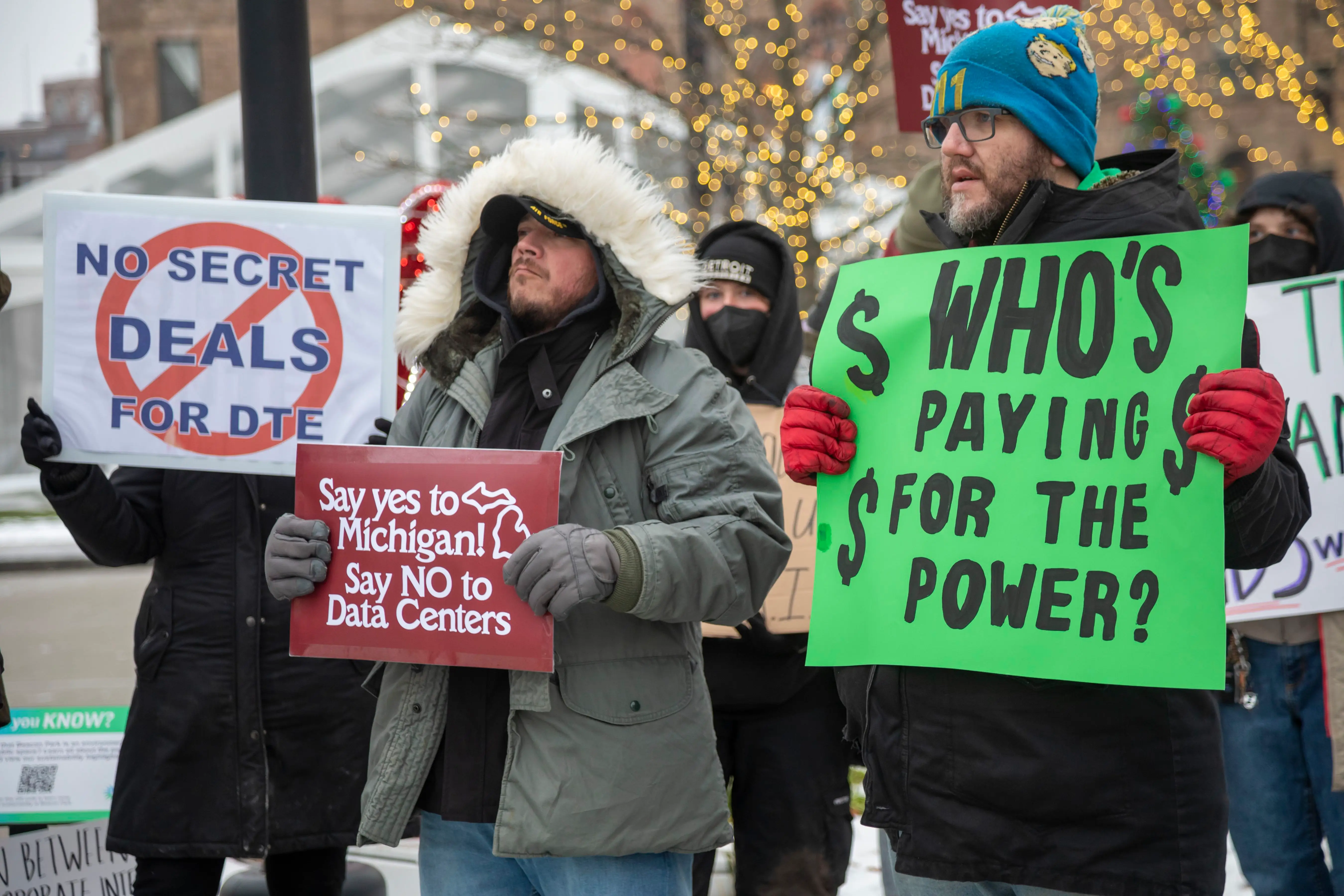 Residents picket DTE Energy, opposing the electric utility's plan to provide power for a proposed $7 billion data center in rural Michigan. They fear that it could raise residential electricity rates and endanger the water supply.