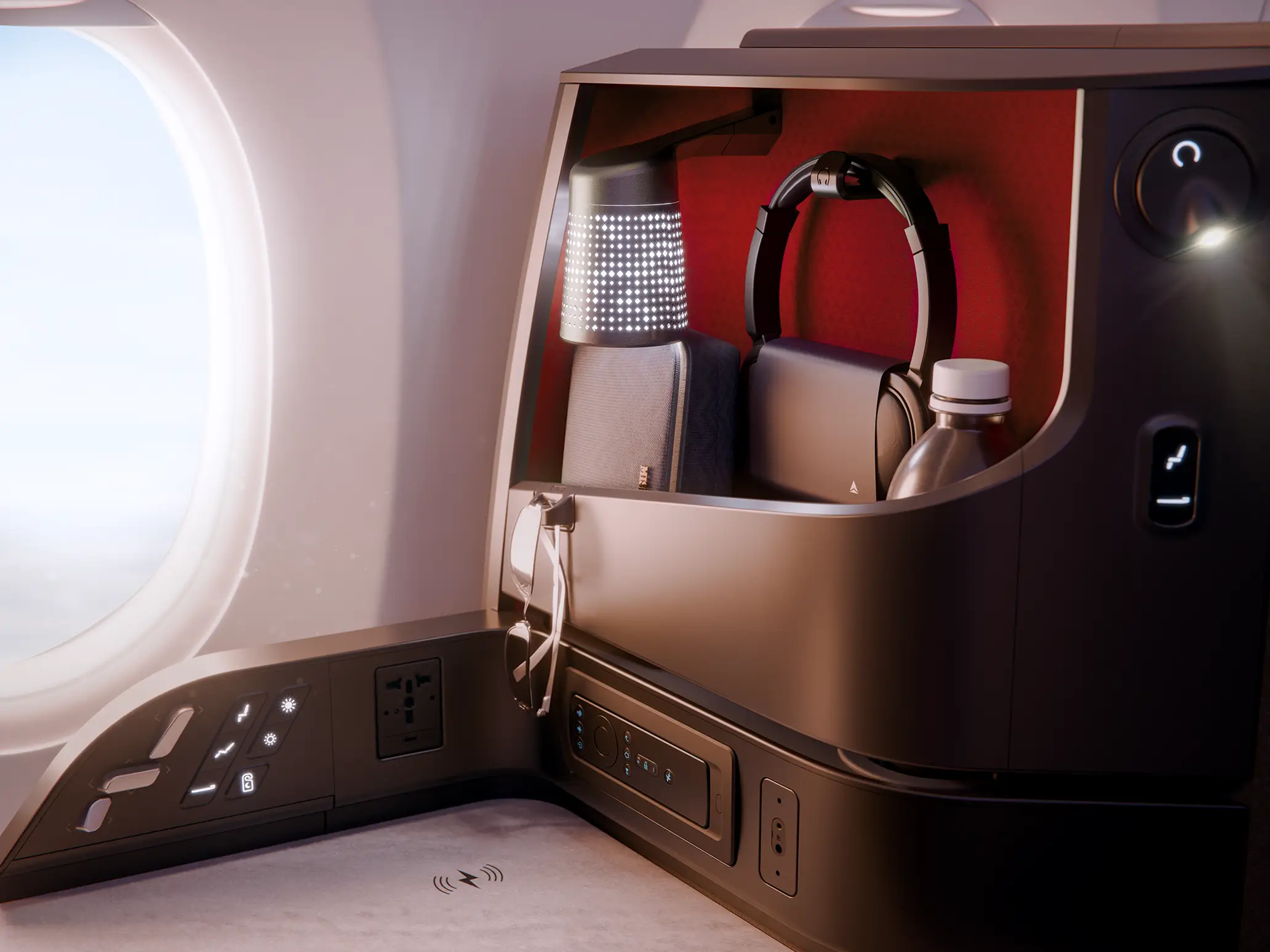 Rendering of cubby with kit and headphones.