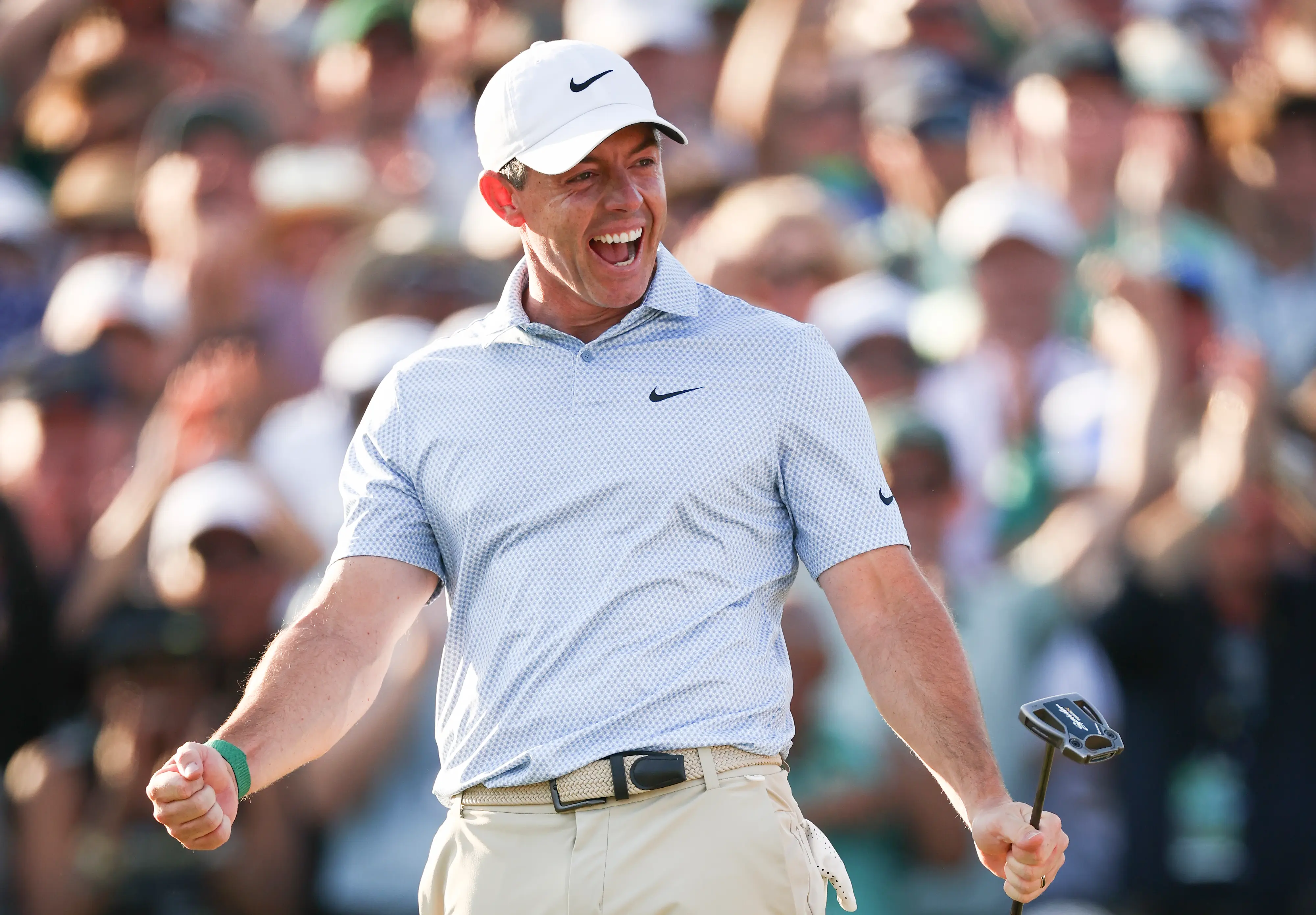 Rory McIlroy of Northern Ireland celebrates winning the 2026 Masters Tournament on the 18th green at Augusta National Golf Club on April 12, 2026 in Augusta, Georgia.