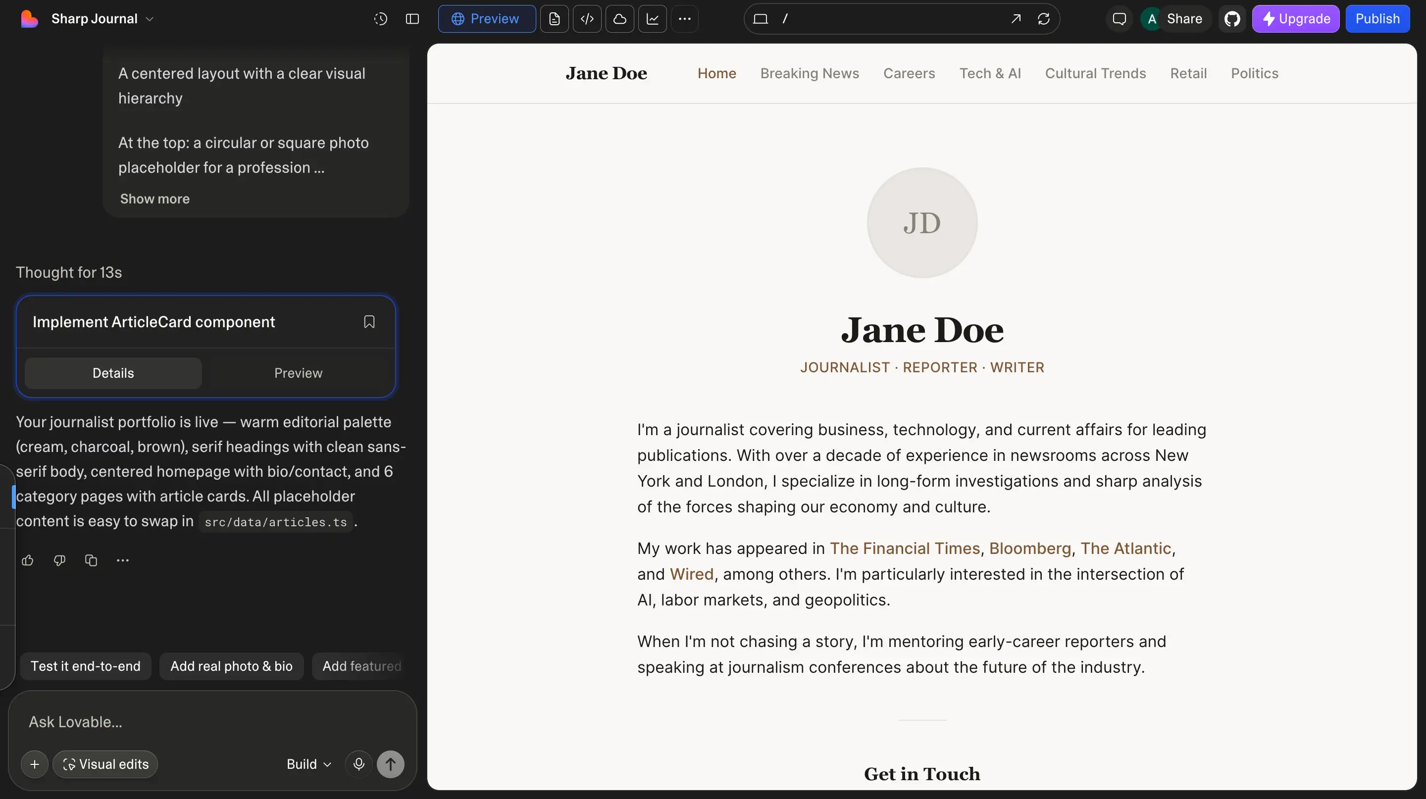 Lovable's interface.