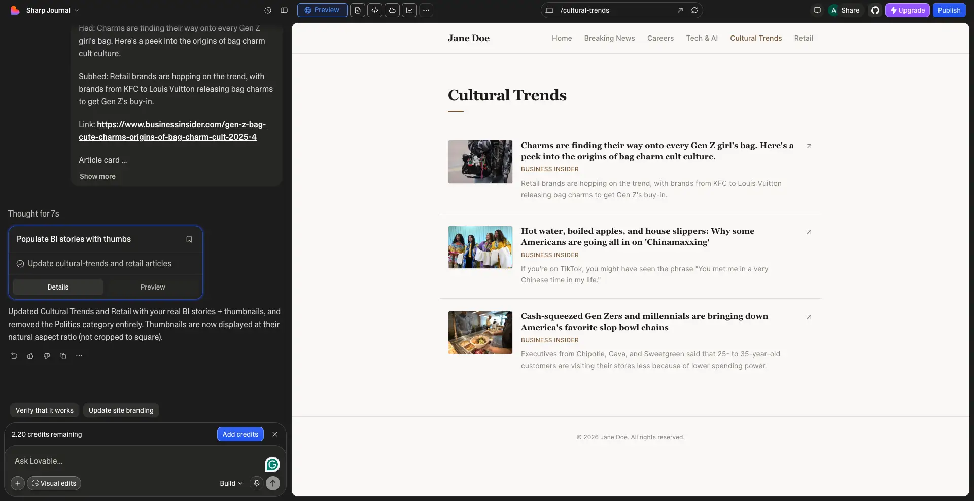 Lovable's interface.