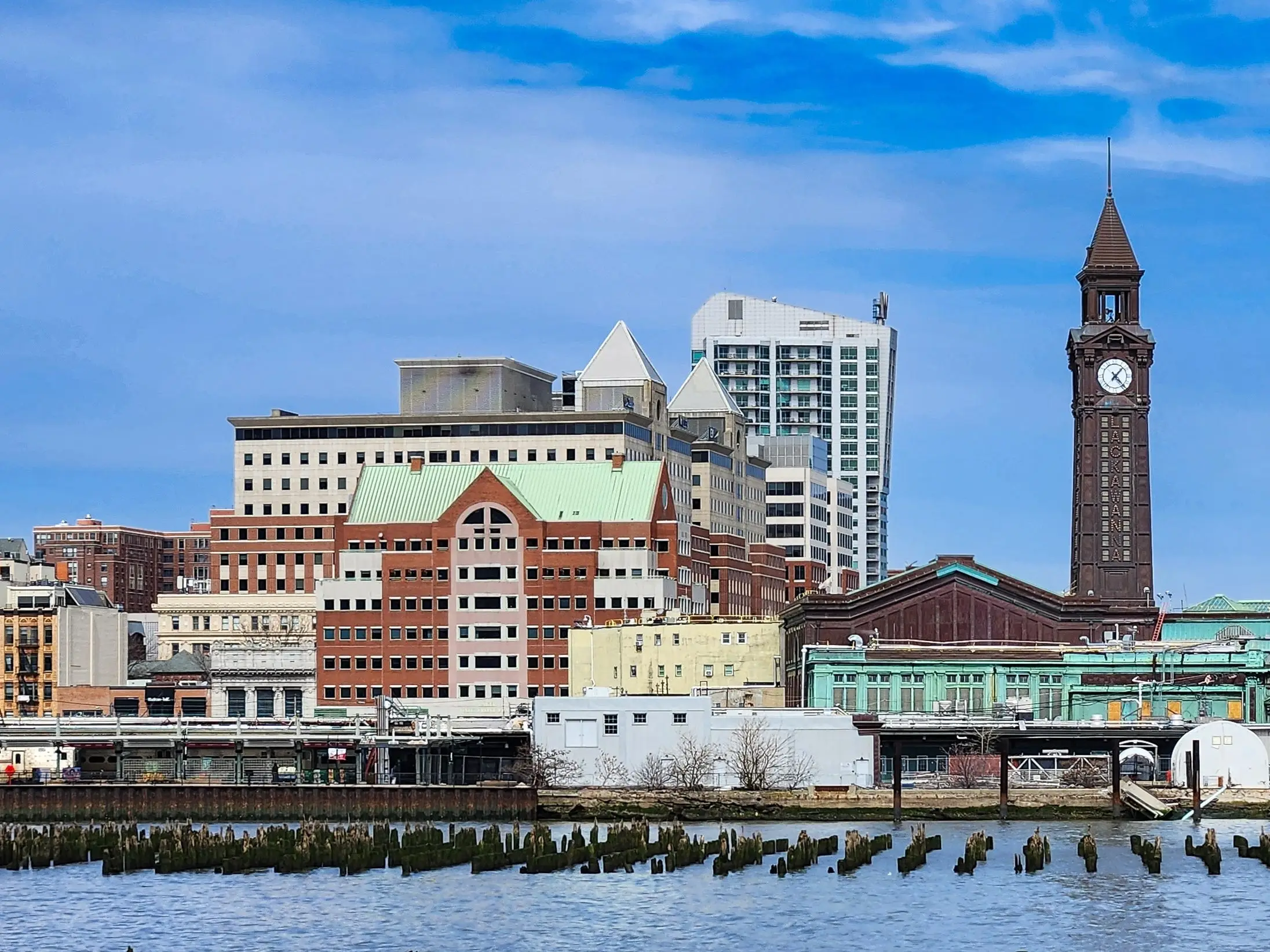 Buildings and clock tower in Hoboken, New Jersey.