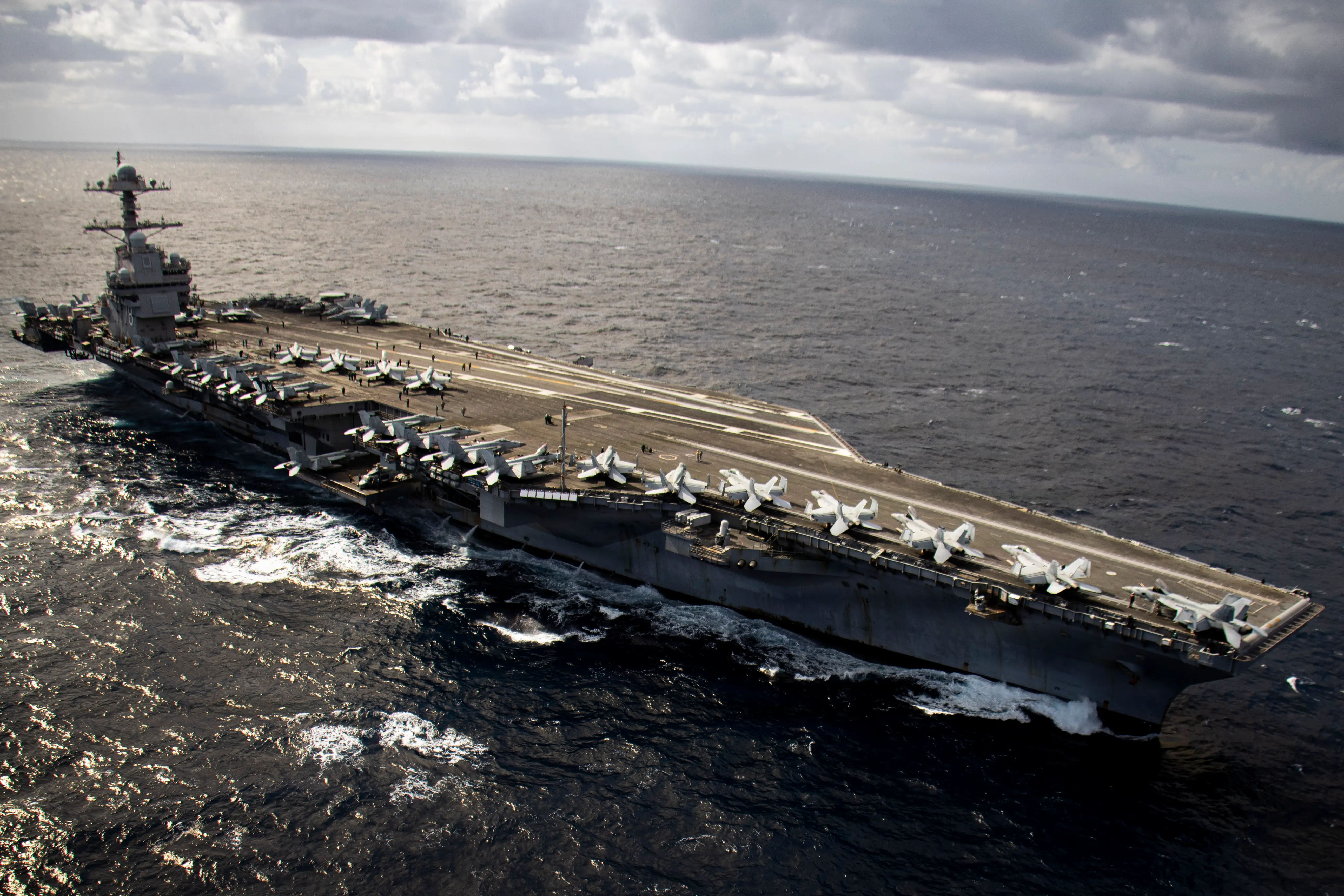 The US Navy's USS Gerald R. Ford aircraft carrier at sea.