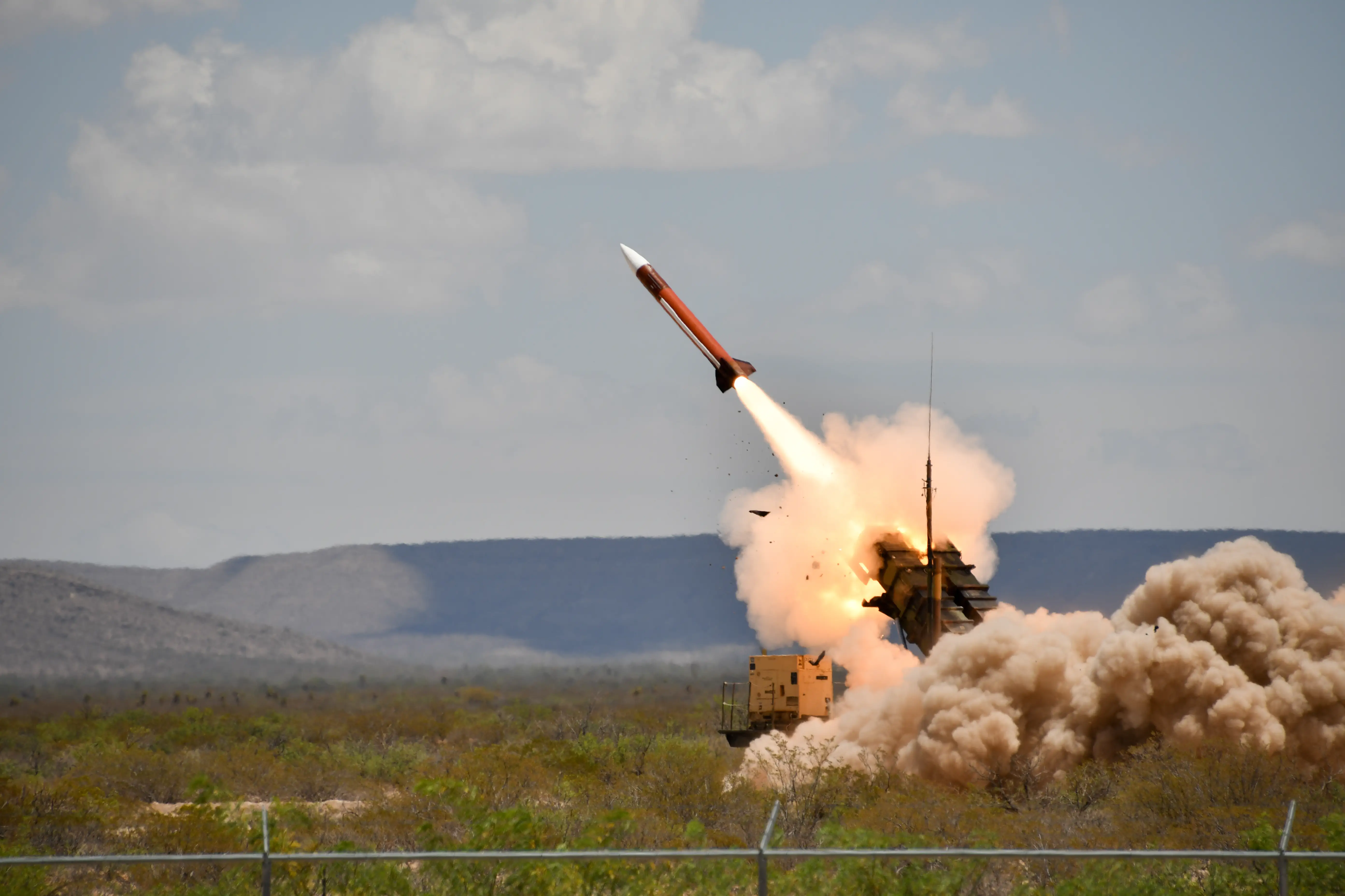 A MIM-104 Patriot Surface-to-Air Missile System fires as part of a bilateral live-fire exercise with military members from the Royal Netherlands Ground-based Air Defense Command.