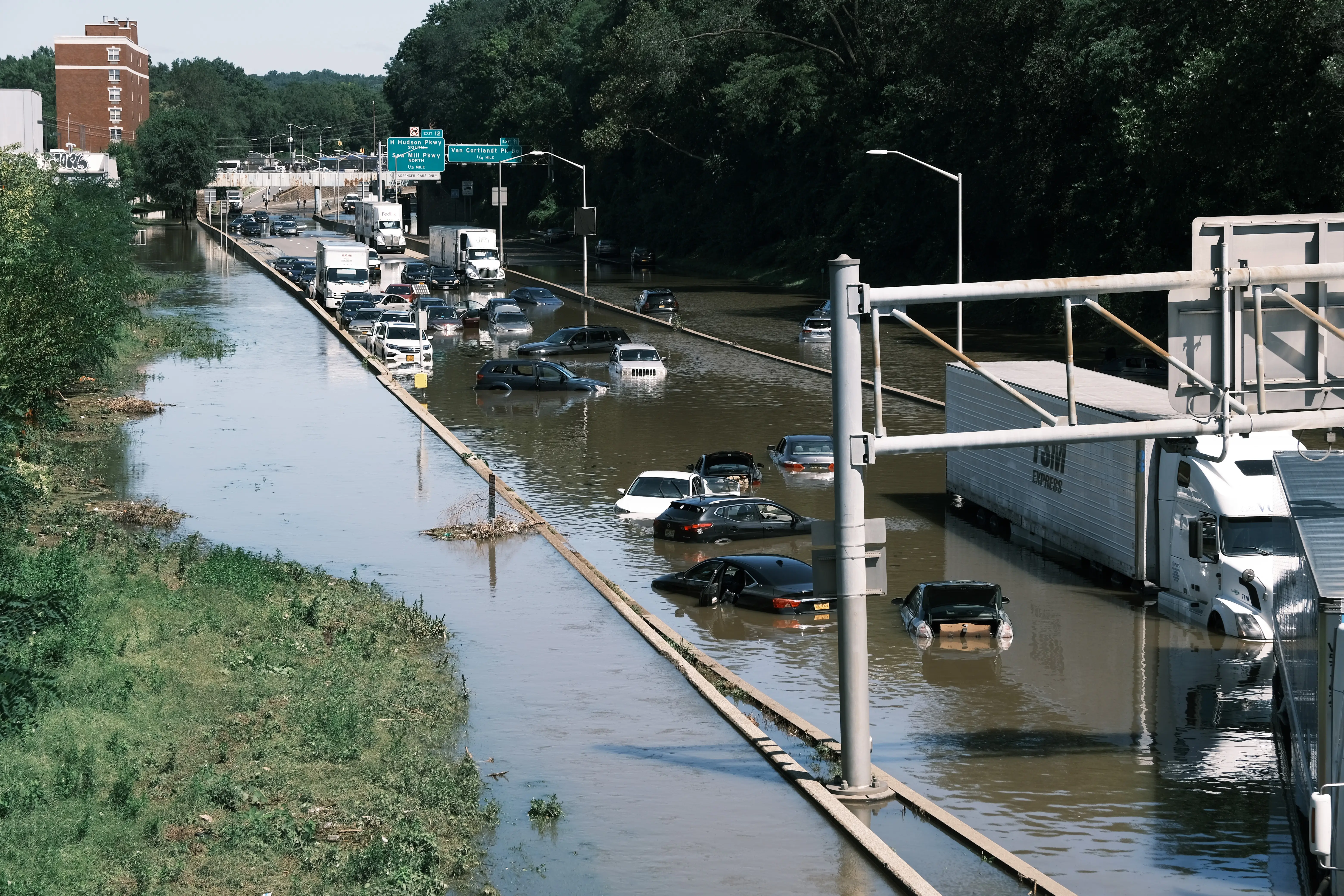 Cars sit abandoned on the flooded Major Deegan Expressway in the Bronx following a night of heavy wind and rain from the remnants of Hurricane Ida on September 02, 2021 in New York City.