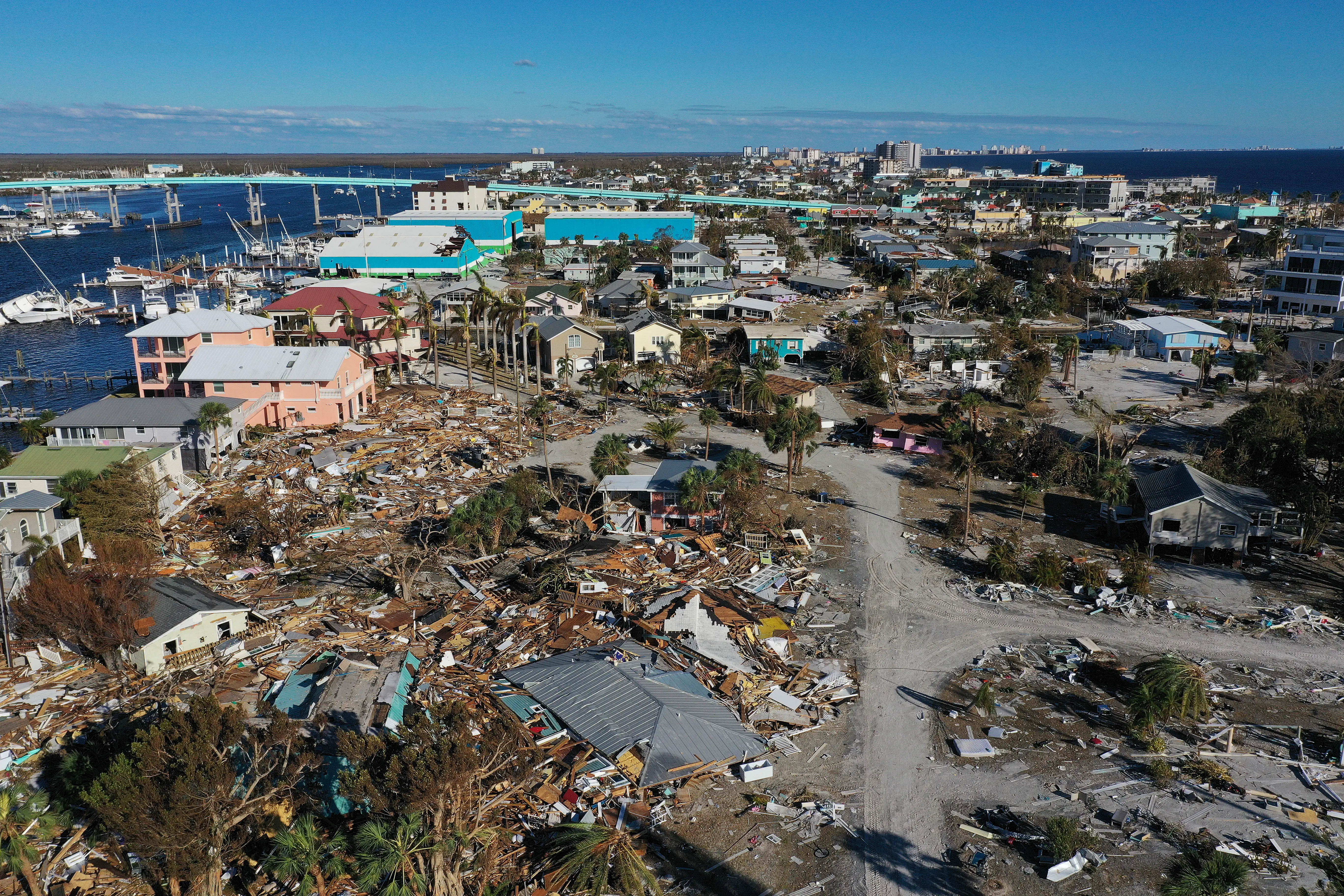 In this aerial view, destruction left in the wake of Hurricane Ian is shown on October 02, 2022 in Fort Myers Beach, Florida.
