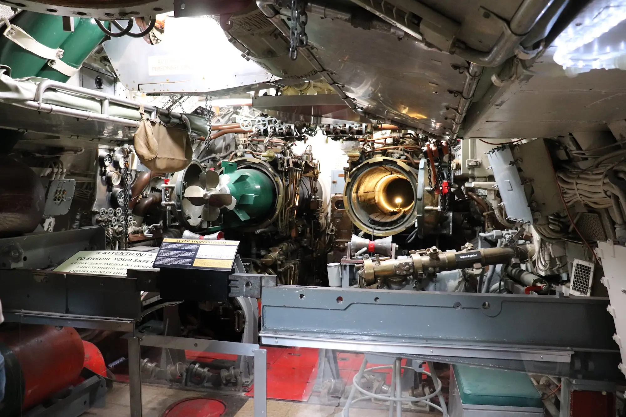 The after torpedo room on the USS Torsk.