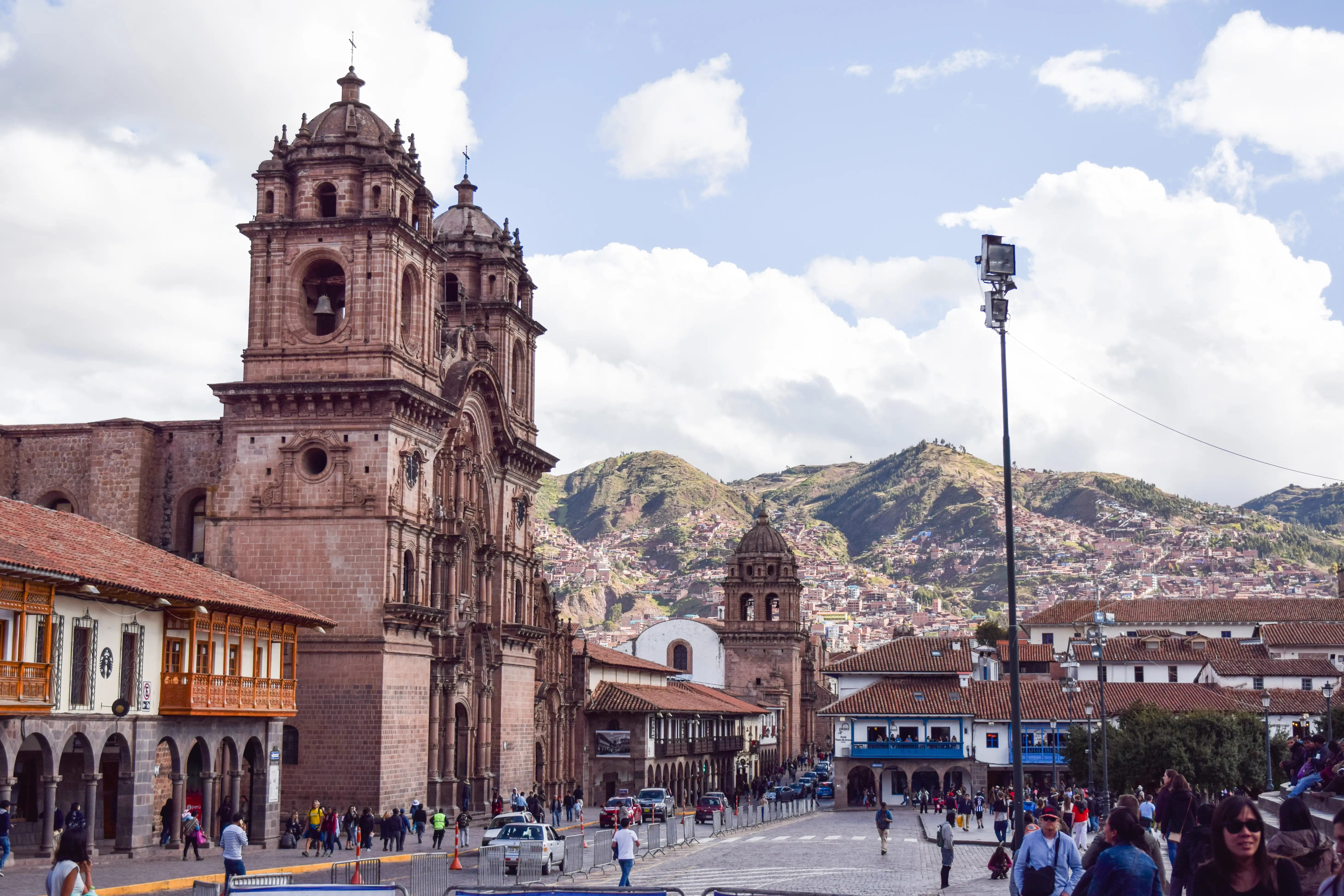 Cusco's Plaza de Armas with people walking about