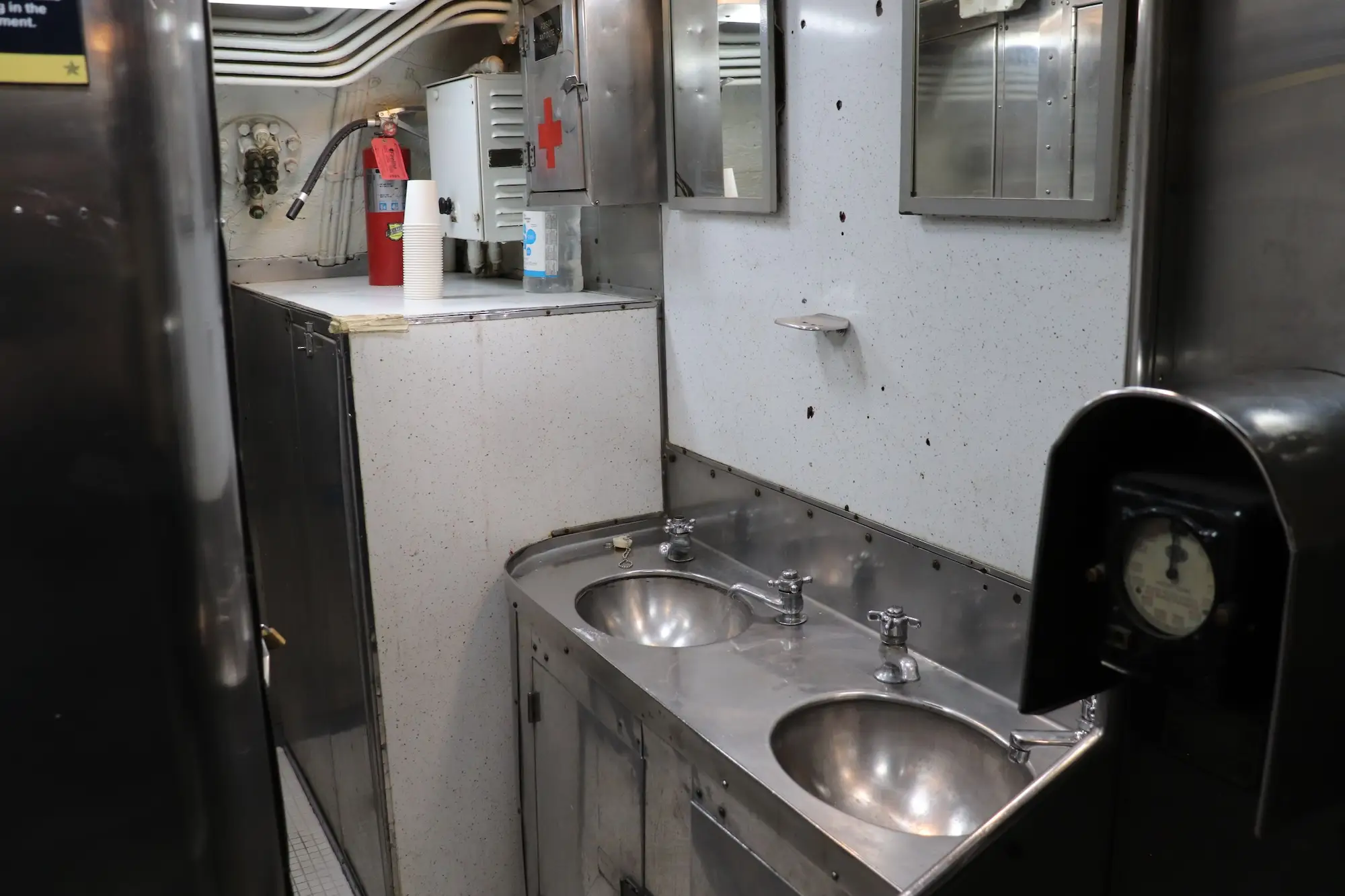 The crew's washroom on the USS Torsk.