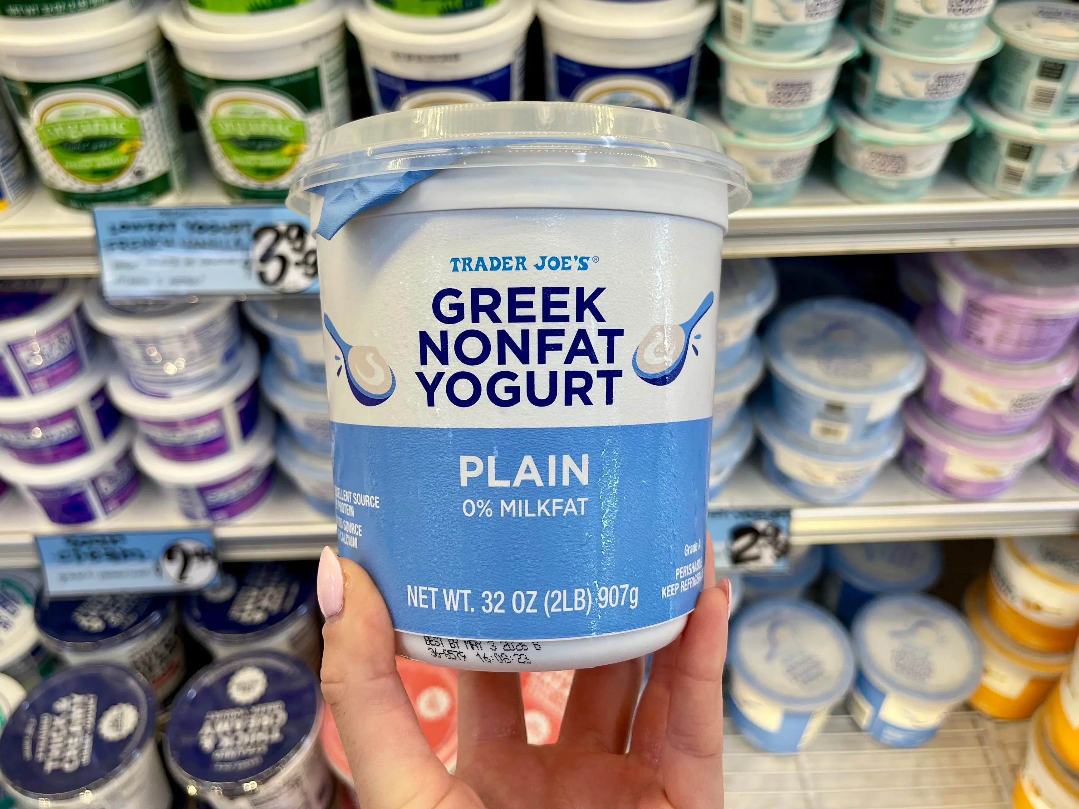 Serena holds a container of Trader Joe's plain, nonfat Greek yogurt.