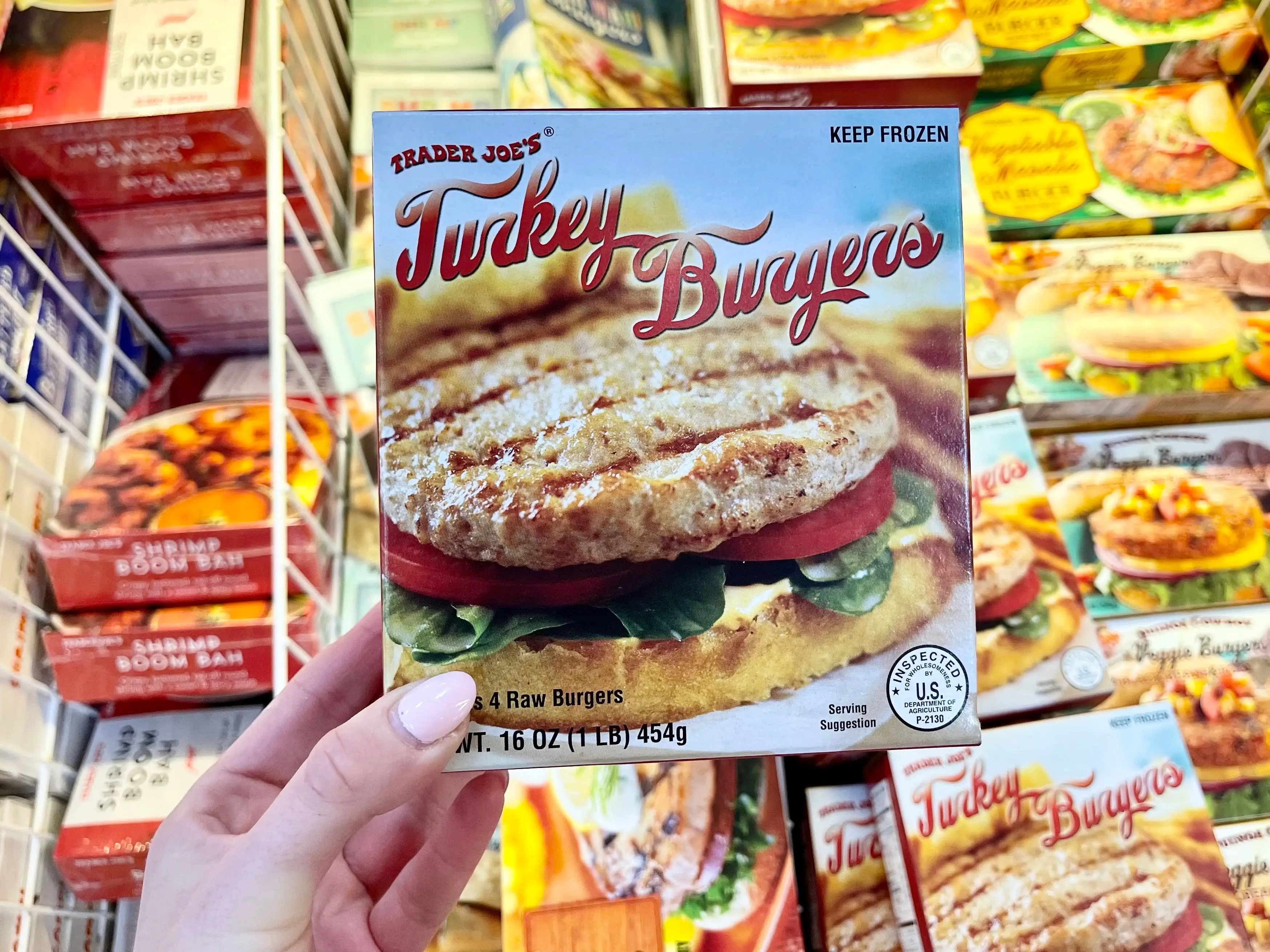Serena holds a box of Trader Joe's turkey burgers.