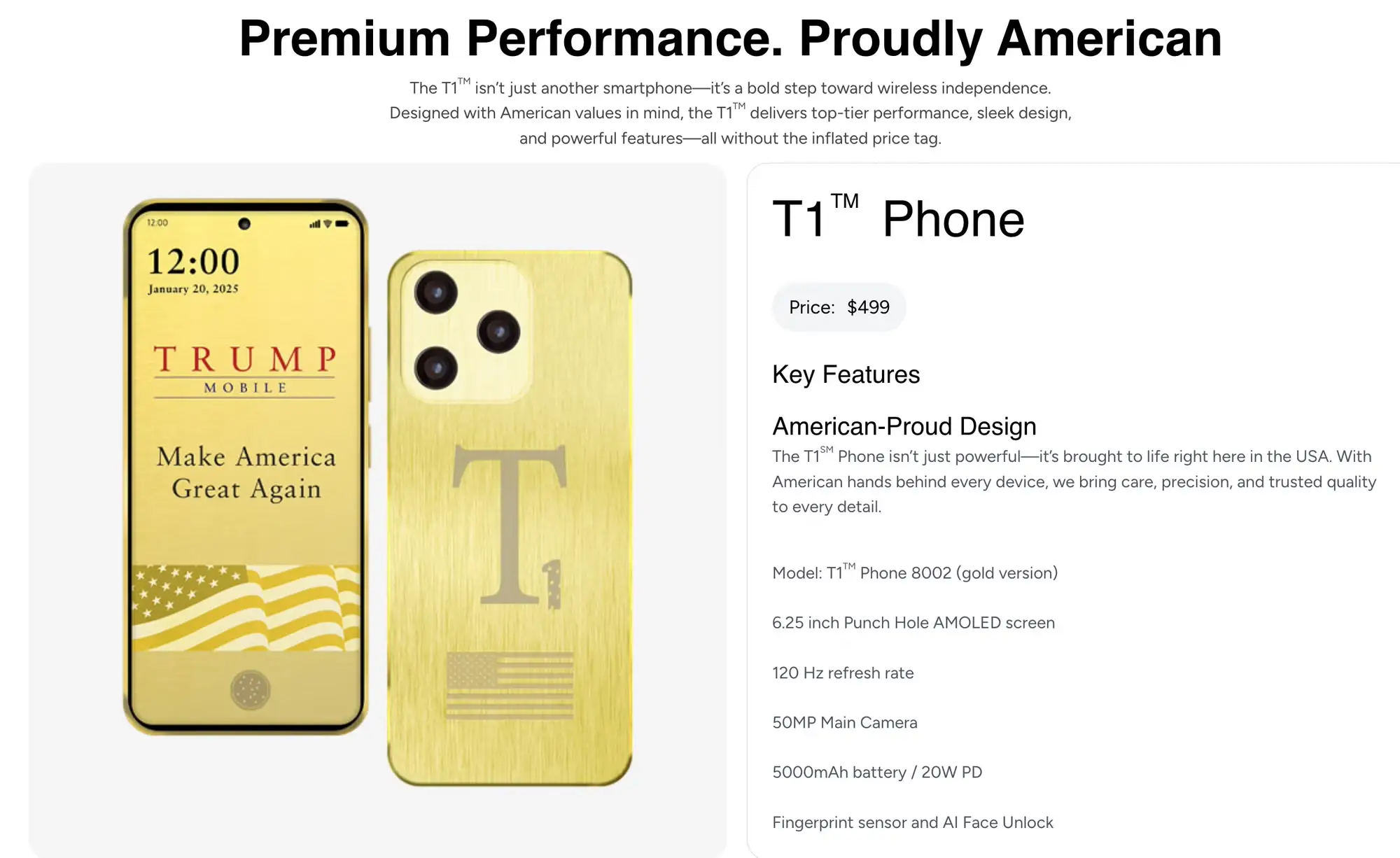 A screenshot of Trump Mobile's product listing for the T1 smartphone from June 26, 2025.