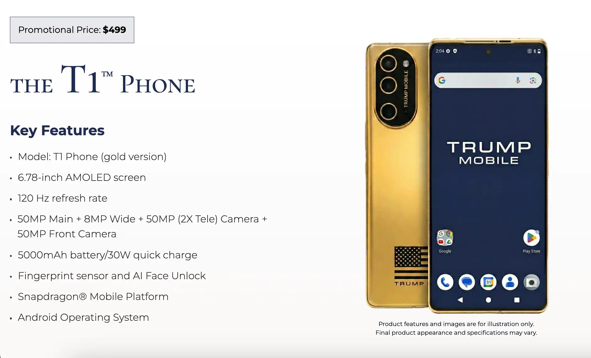 A screenshot of Trump Mobile's current product listing for the T1 smartphone.