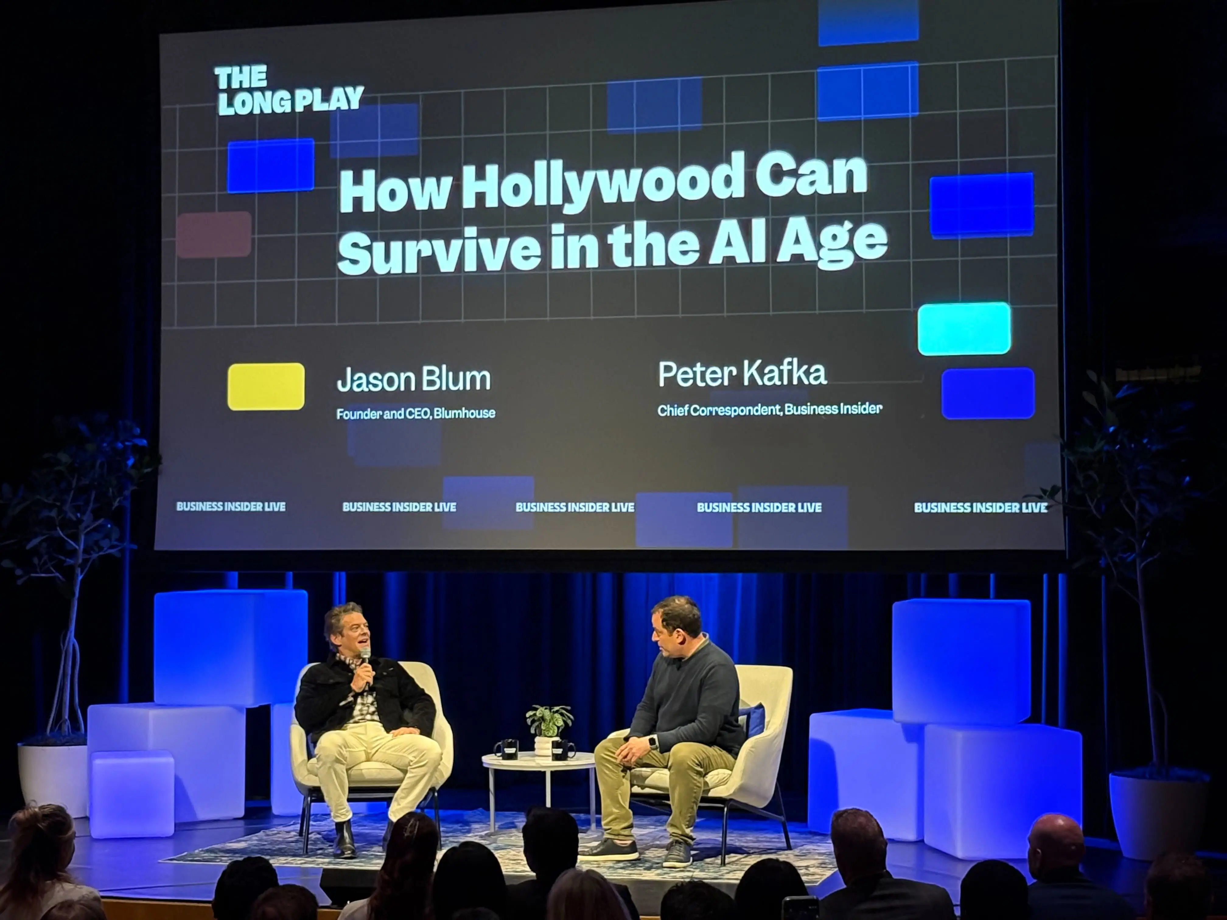 Jason Blum and Peter Kafka on stage.