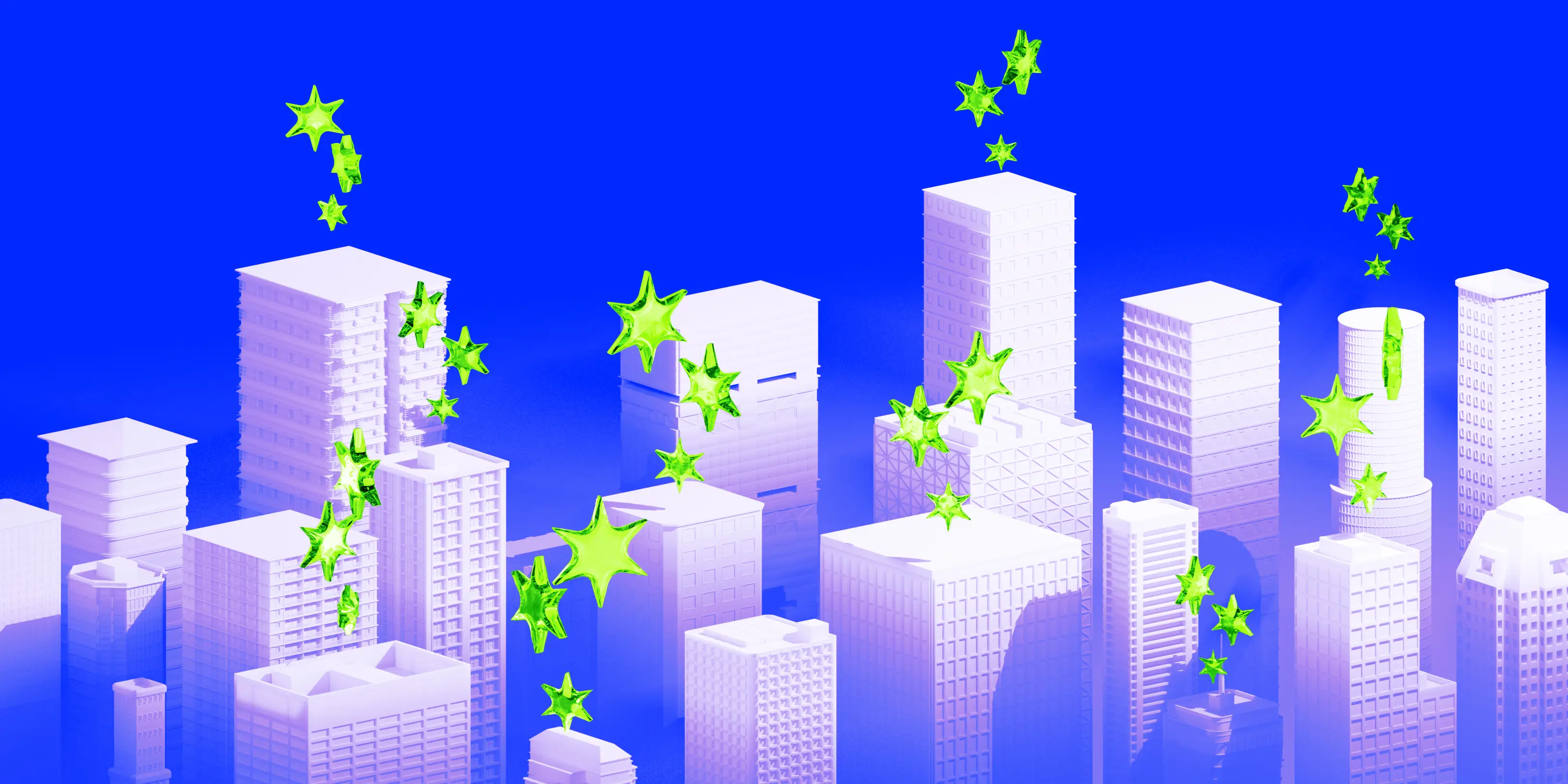 AI Stars rising from office buildings.