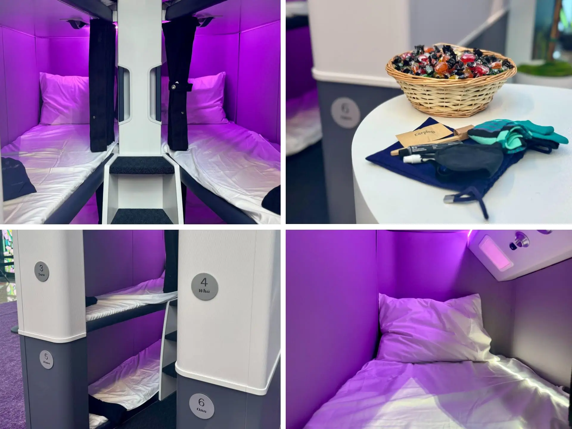 Photo split of the Skynest amenities and linens.