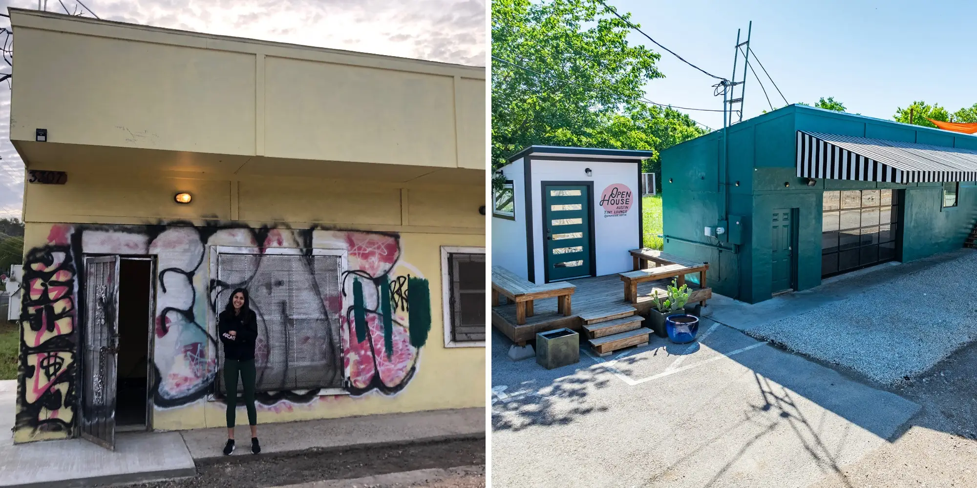 Side-by-side photos of a building. In one photo, the building is old and has graffiti on it; in the second, it has been renovated into a coffee shop.