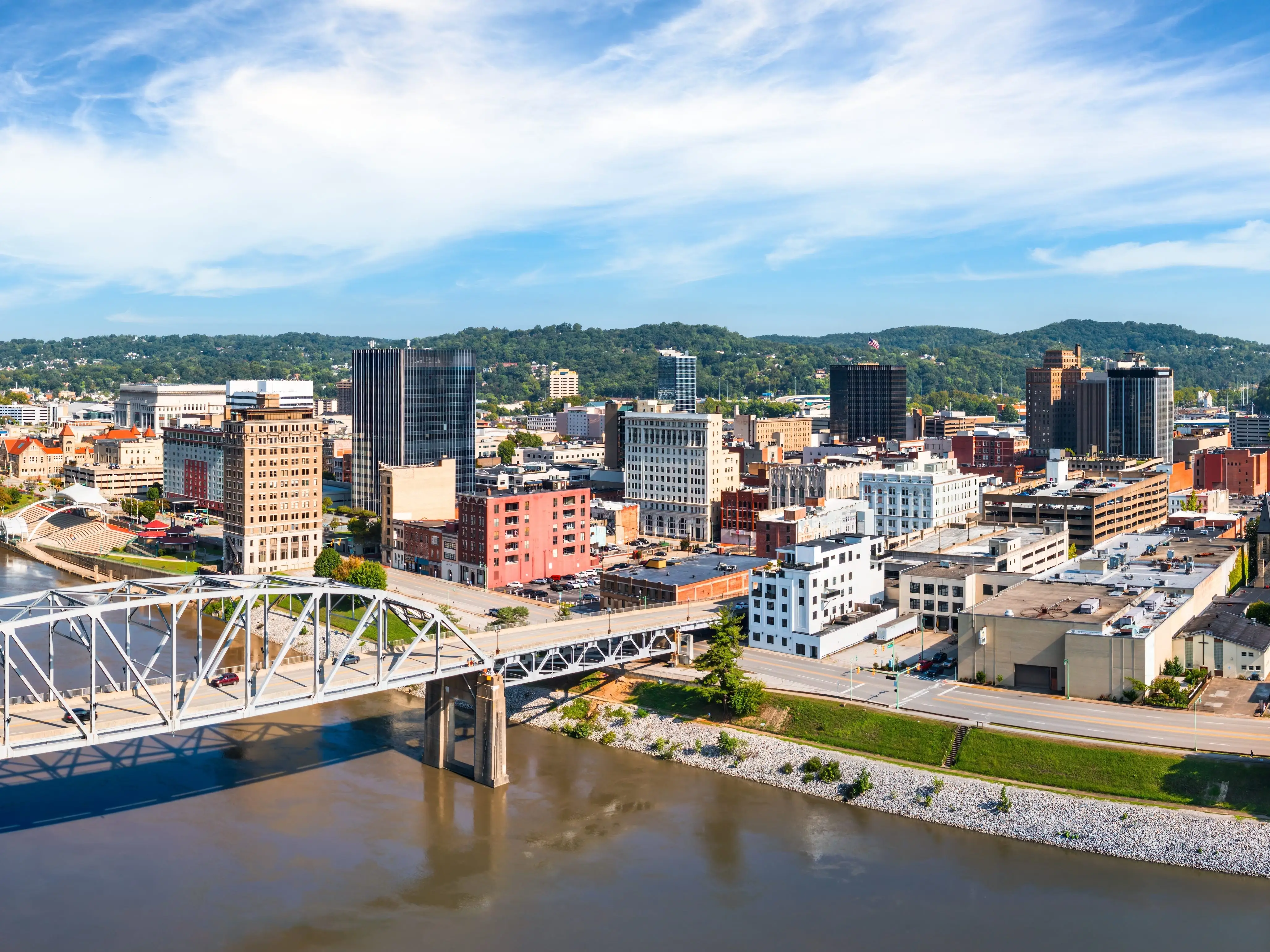 Aerial view of Charleston, West Virginia skyline and South Side Bridge. Charleston is the capital and most populous city of the U.S. state of West Virginia and the seat of Kanawha County