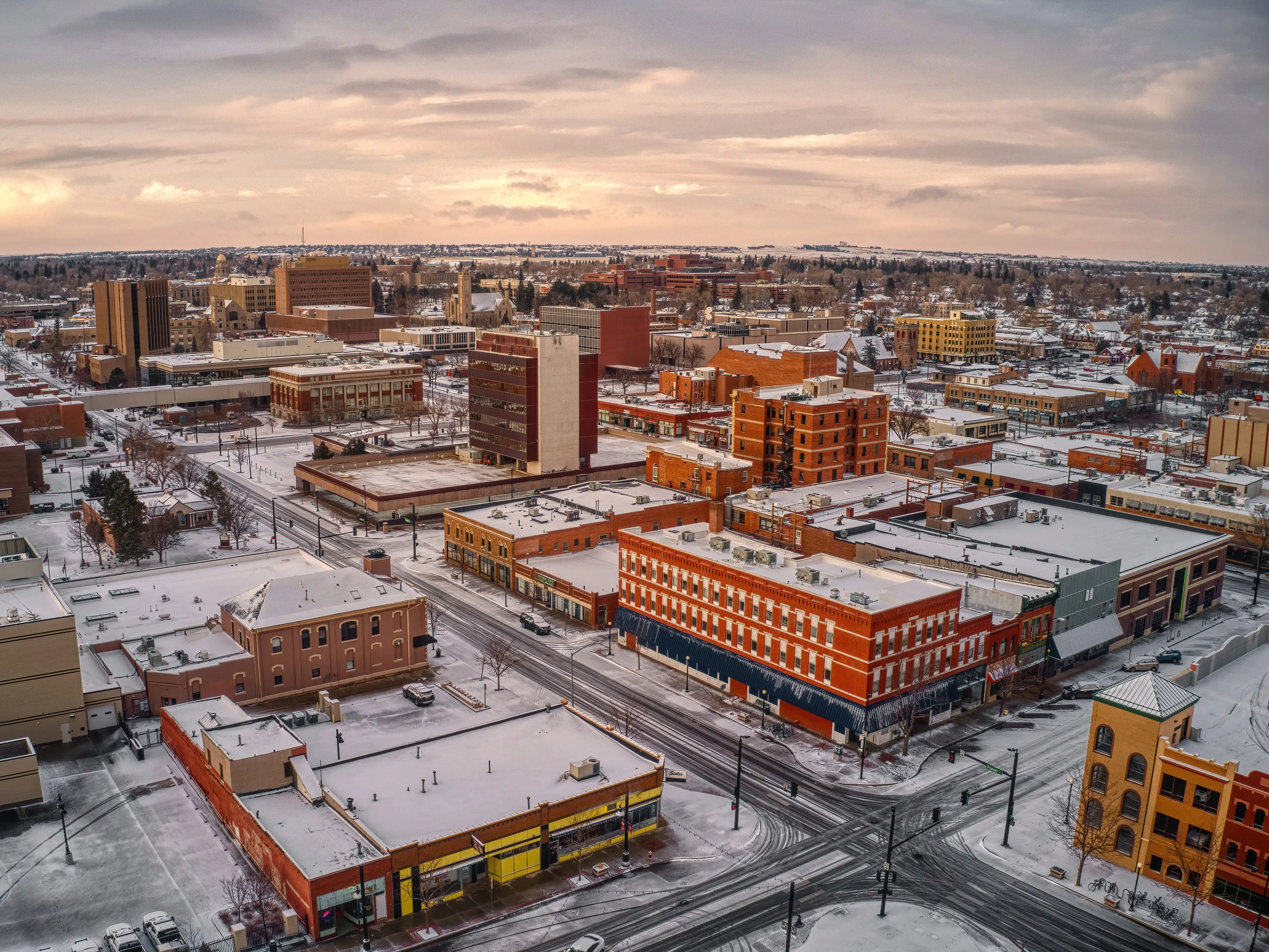 Aerial View of Cheyenne, Wyoming at Dusk during Winter