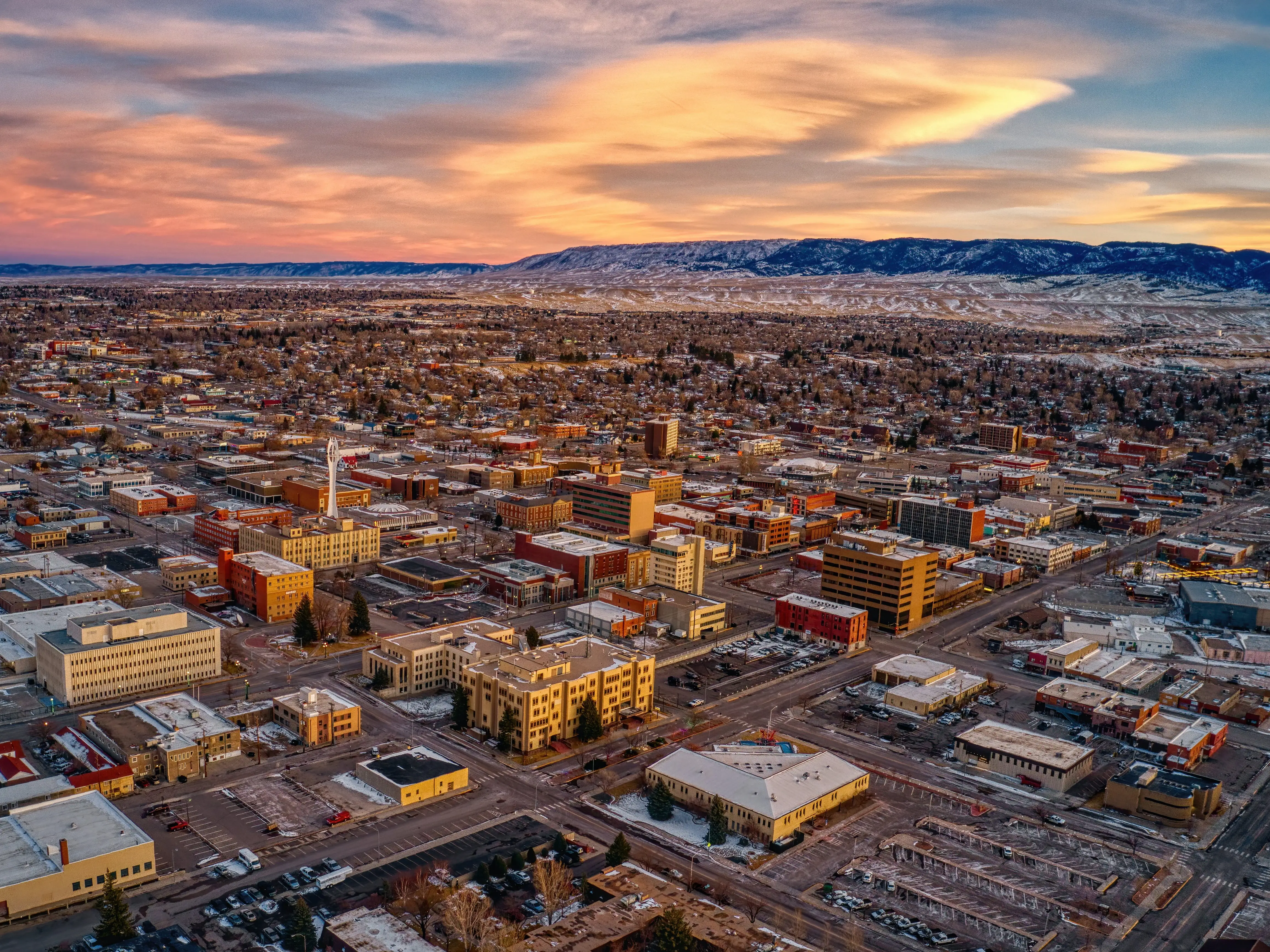 Aerial View of Downtown Casper, Wyoming at Dusk on Christmas Day